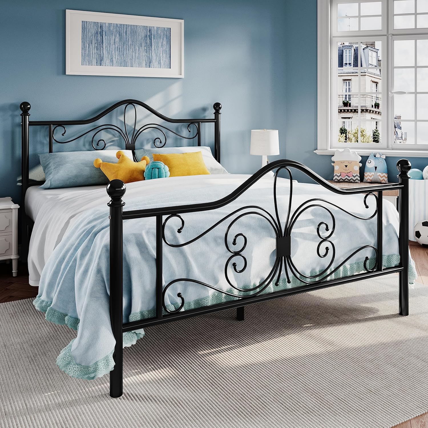SHA CERLIN Full Size Bed Frame with Headboard,Metal Bed Frame with Butterfly Pattern Design Headboard & Footboard,No Box Spring Needed,Easy Assembly,Black