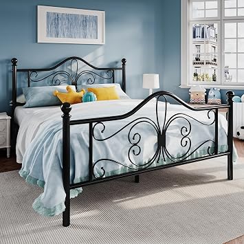 SHA CERLIN Full Size Bed Frame with Headboard,Metal Bed Frame with Butterfly Pattern Design Headboard & Footboard,No Box Spring Needed,Easy Assembly,Black