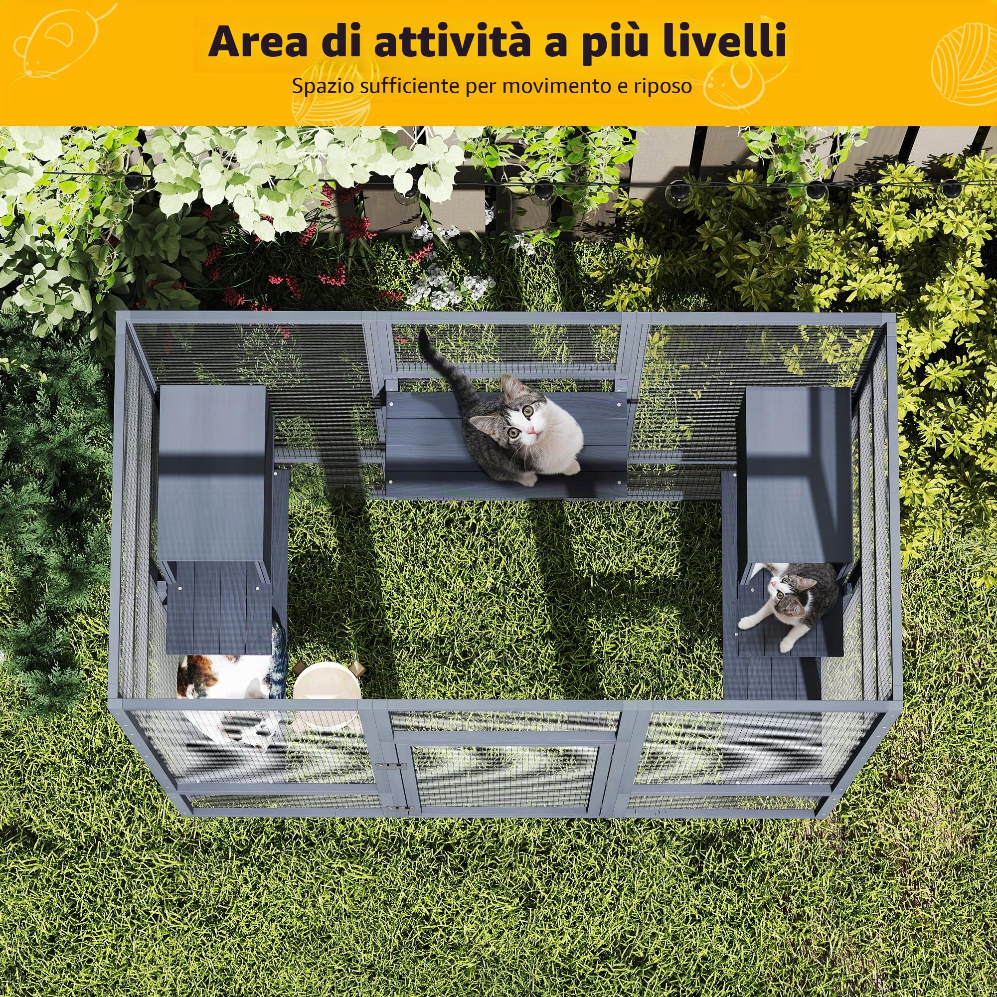 Catio - Recinzione per gatti per esterni, grande recinto per gatti, 159 x 82 x 178 cm, Kitty Haus, casa per gatti con ponti, passeggiate, piccole case, copertura del tetto (grigio scuro)