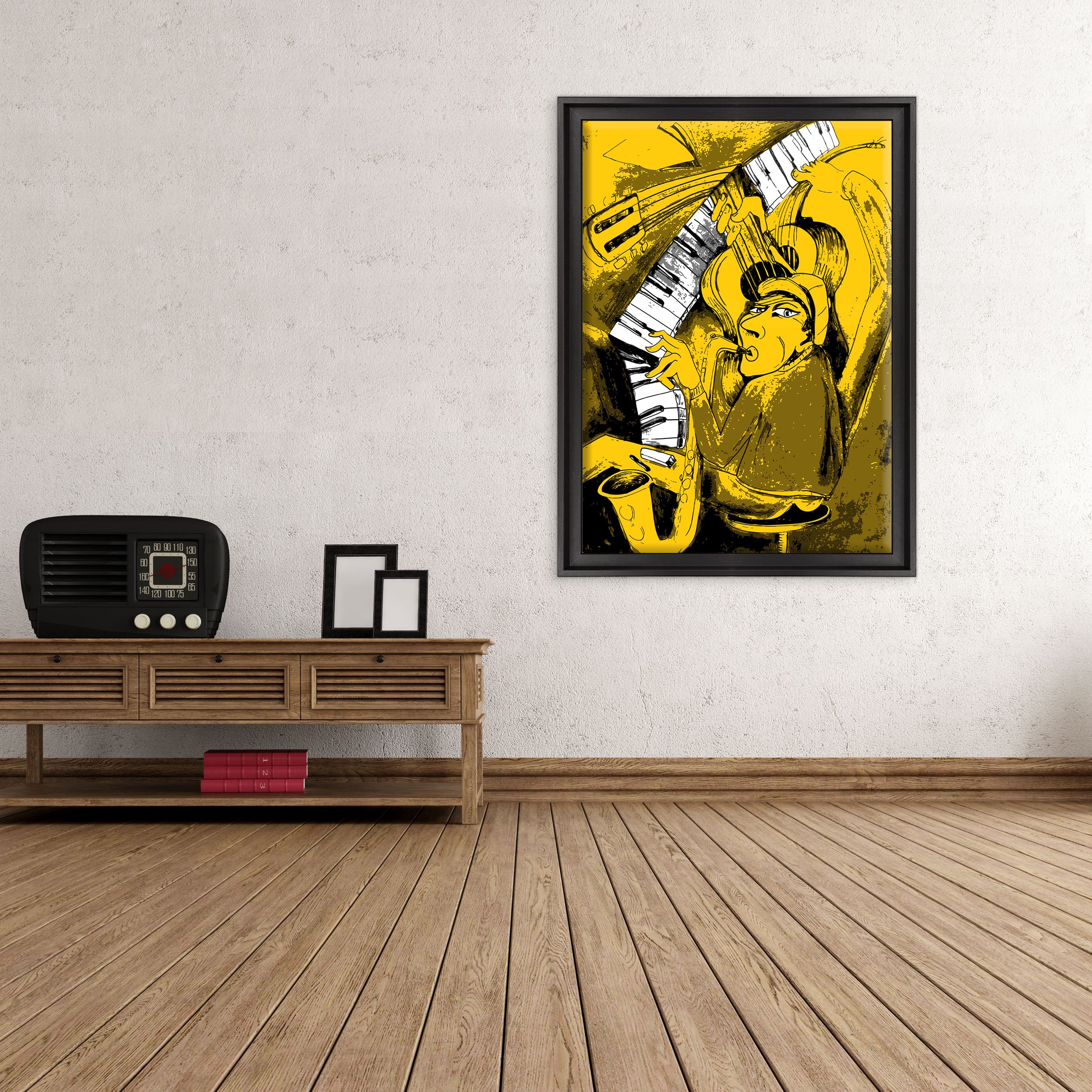 Quadro su Tela Canvas INTELAIATO - con Cornice - Musica Jazz - Illustrazione Disegno Pianista con Sax - 70x100cm - Stile Contemporaneo Nero - (cod.1112)