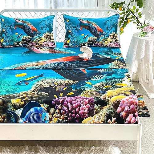 Miniatura 5 de CVHOUSE Juego de sábanas de tortuga marina tamaño individual juego de ropa de cama de tortuga para niños y niñas 1 sábana encimera y 1 sábana bajera