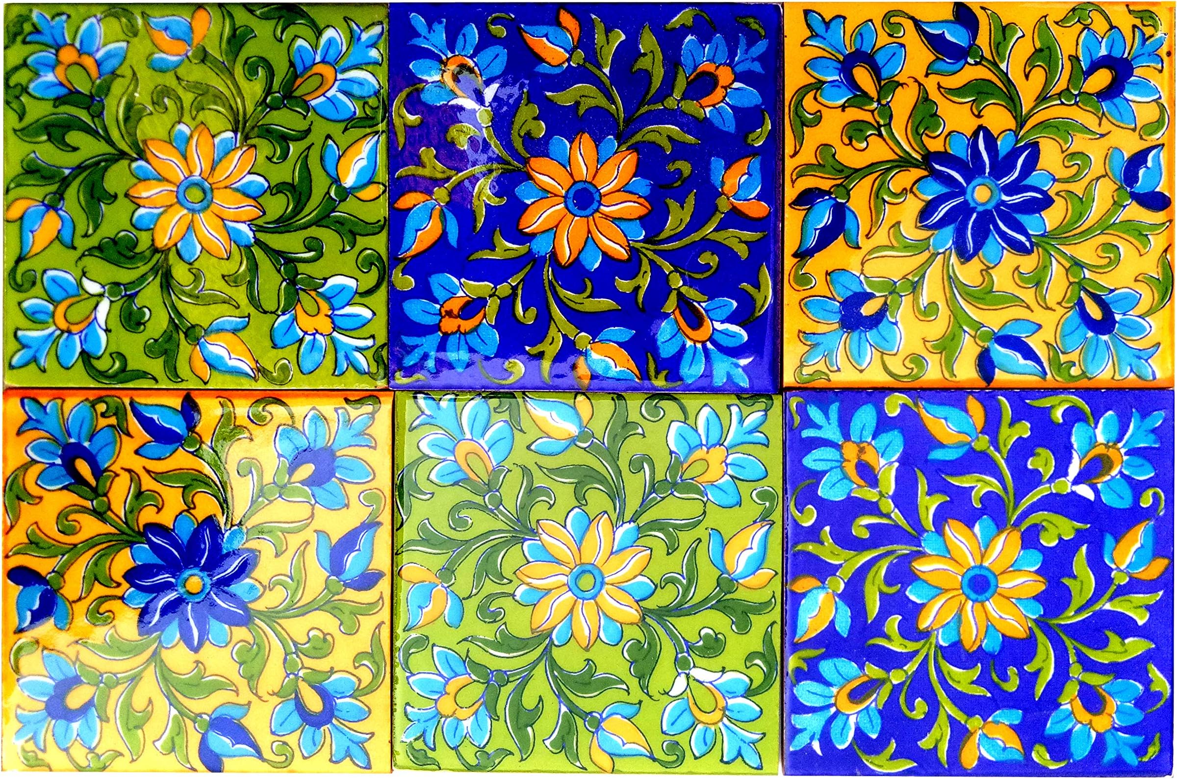 Home Decor Flooring Tiles Designer Kitchen Washroom Mosaic Furniture Tile Handmade Ceramic Wall Tile Backsplash 4 x 4 Inch Pack of 6 Tiles (Multi)