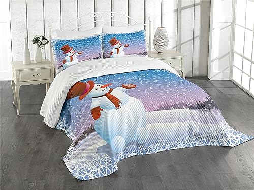 Ambesonne Colcha de muñeco de nieve, caricatura, muñeco de nieve feliz mirando el copo de nieve, paisaje de invierno helado de bosque de hoja