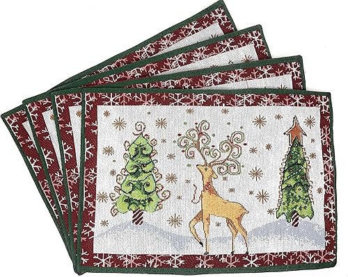 Tache - Manteles individuales de tapiz tejido decorativo con diseño de reno de bosque invernal, diseño vintage de Nochebuena, copos de nieve