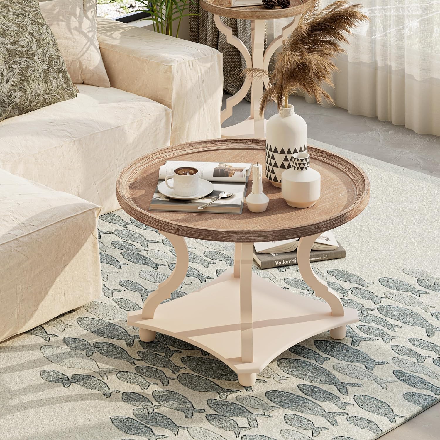 COZAYH Round Farmhouse Coffee Table with Handmade Finish