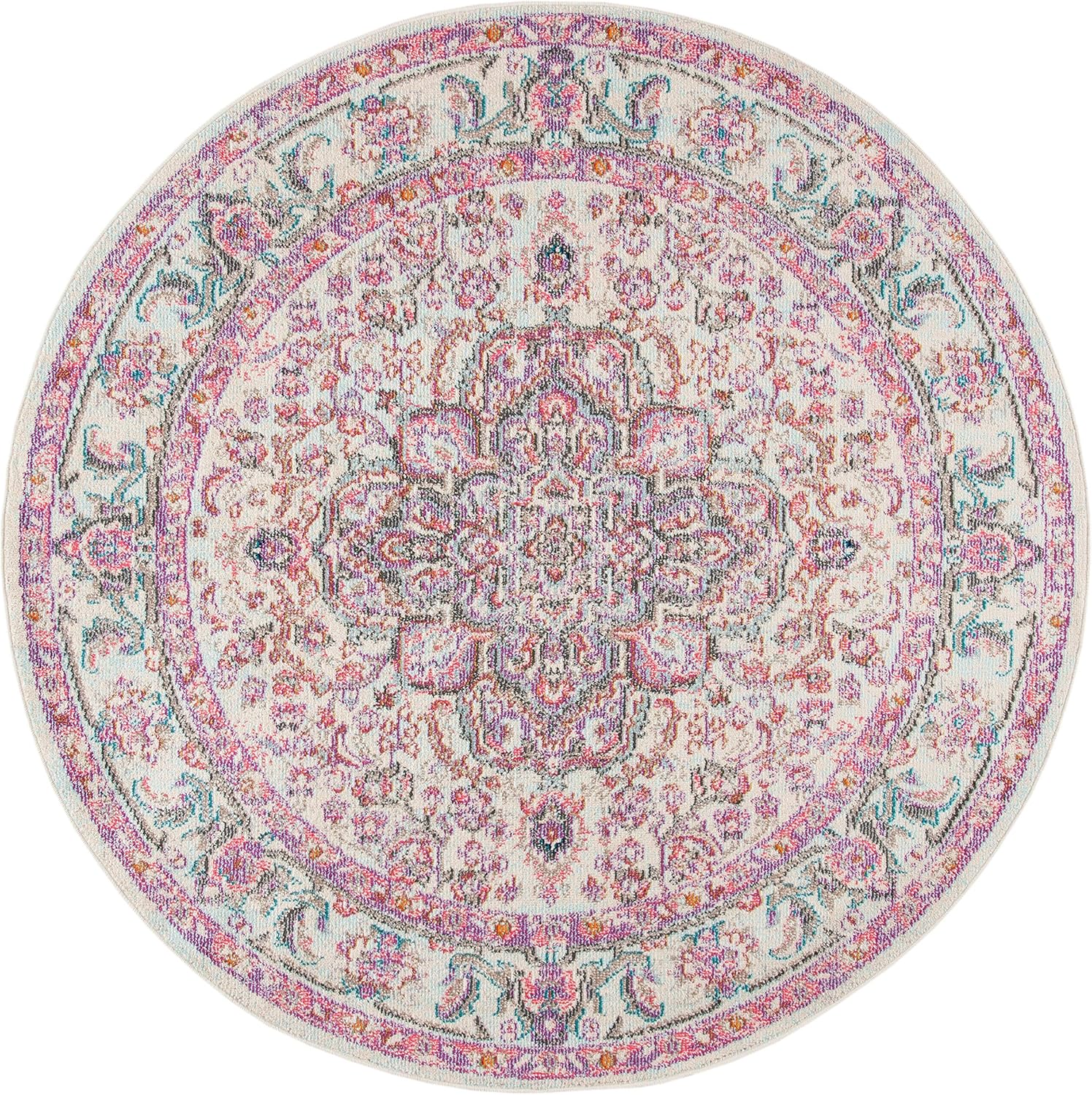 SAFAVIEH Madison Collection 6'7" Round Beige / Fuchsia MAD259B Shabby Chic Medallion Distressed Non-Shedding Dining Room Entryway Foyer Living Room Bedroom Area Rug