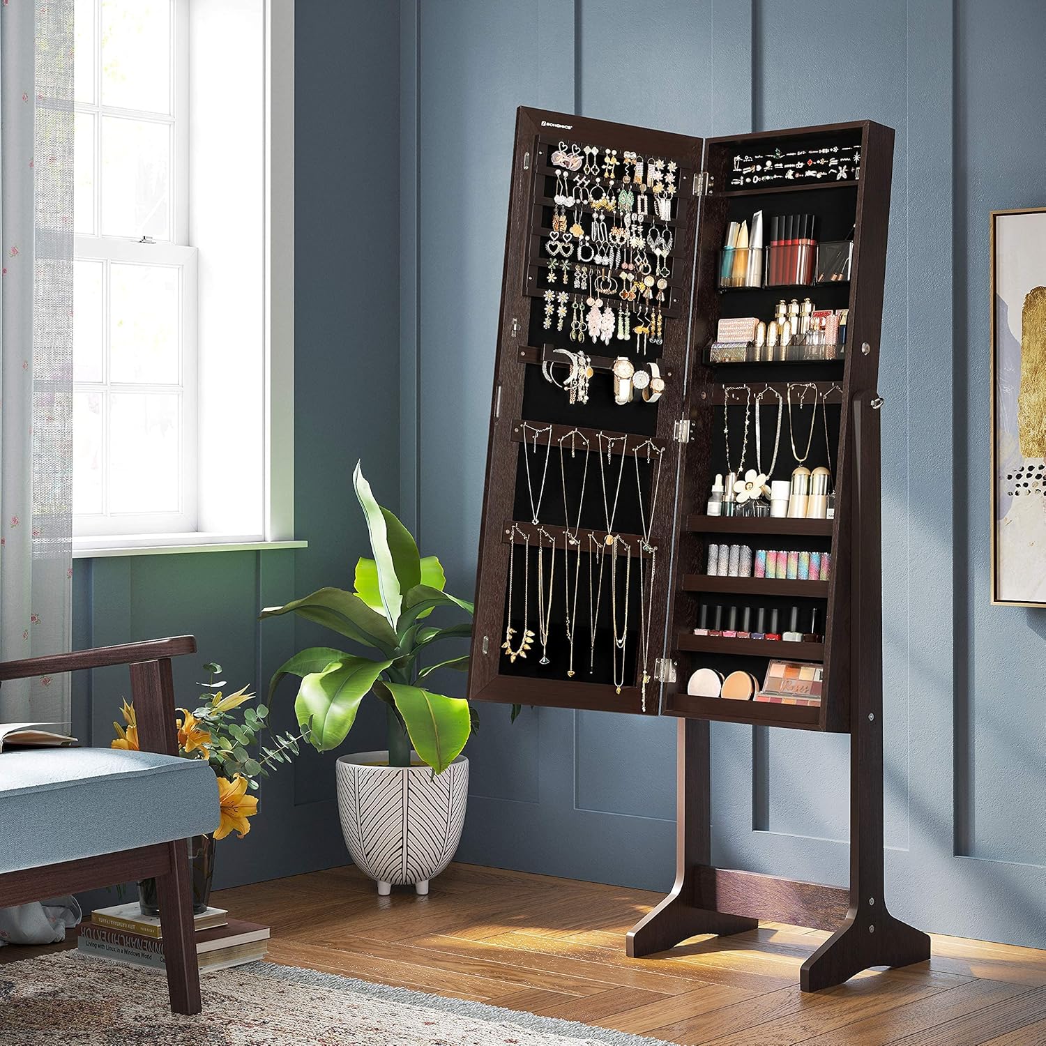 SONGMICS Mirror Jewelry Cabinet Armoire, Freestanding Lockable Storage Organizer Unit with 2 Plastic Cosmetic Storage, Brown UJJC002K01 : Everything Else