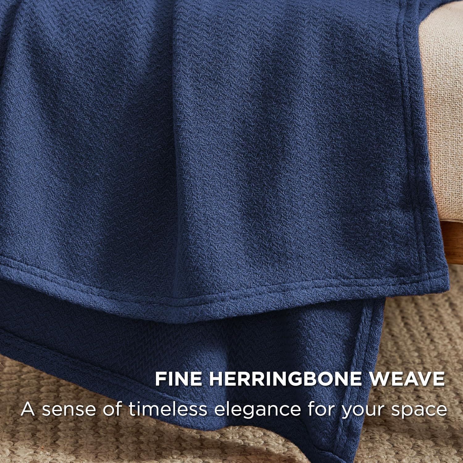Bedsure GentleSoft 100% Cotton Blanket King Size for Bed - Breathable and Lightweight, Soft Cozy Textured Herringbone Woven Blanket for Summer, Navy Blue, 108x90 inches - Image 3