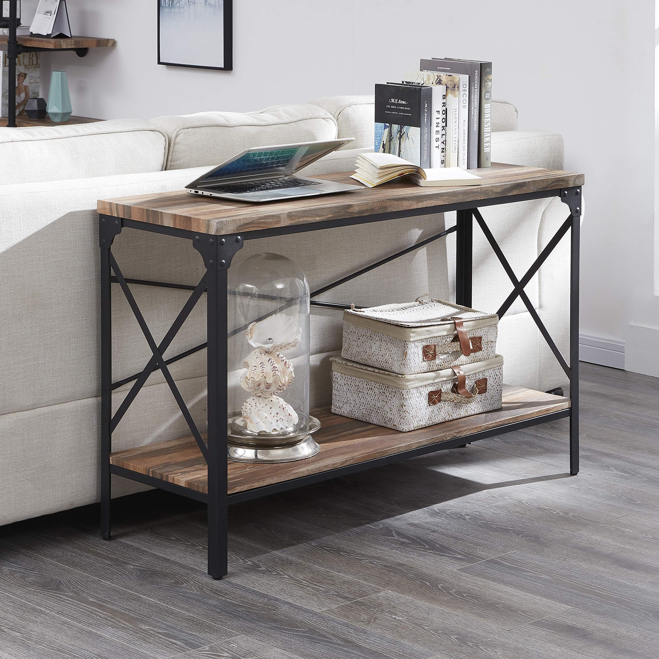 Homissue 2 Shelf Industrial Vintage Hall Sofa Table, Console Sofa Entryway Table with Lower Storage Shelf, Brown Finish, 1-PC