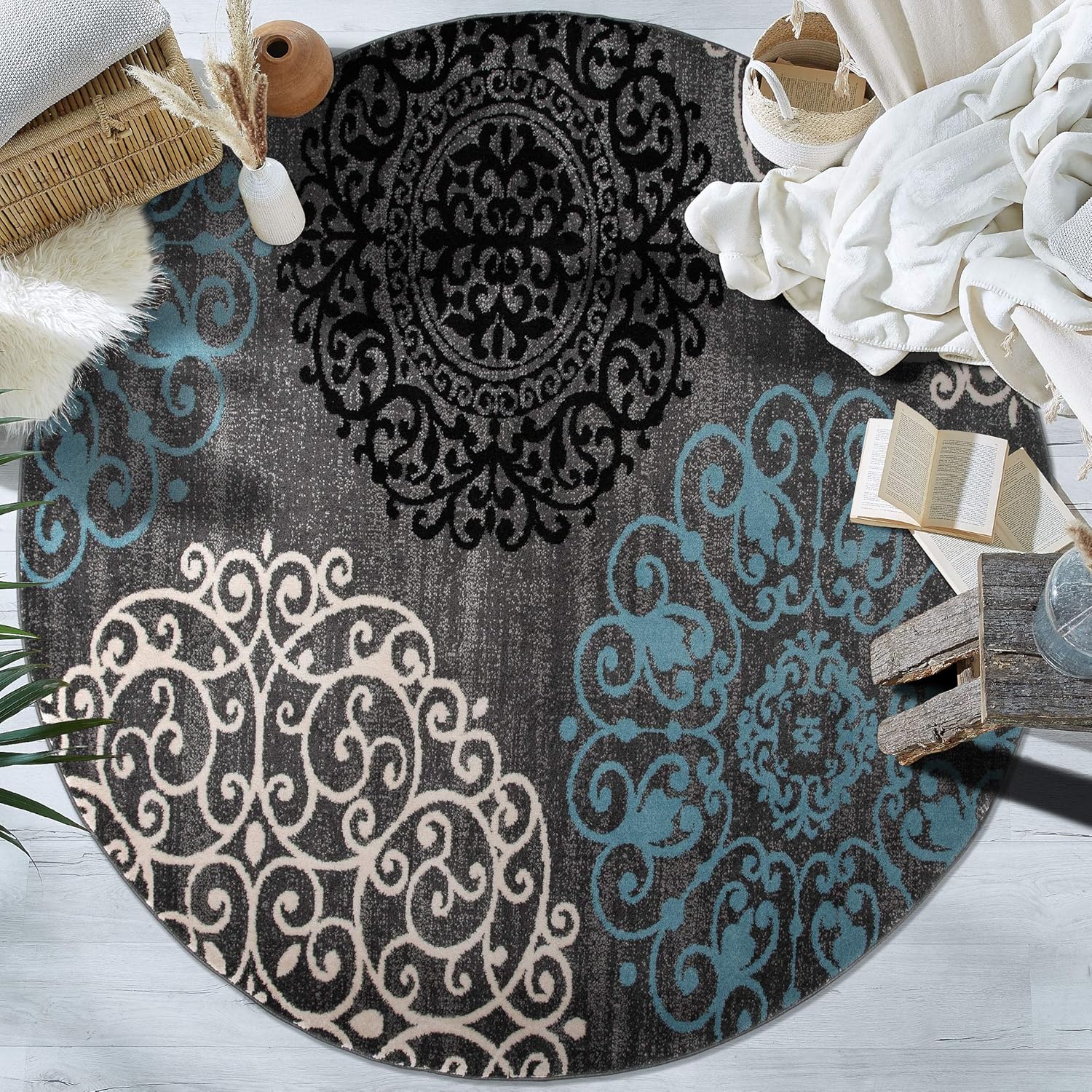 Rugshop Contemporary Modern Floral Perfect for high Traffic Areas of Your Living Room,Bedroom,Home Office,Kitchen Round Rug 6' 6" Diameter Gray Grey 6' 6" Diameter