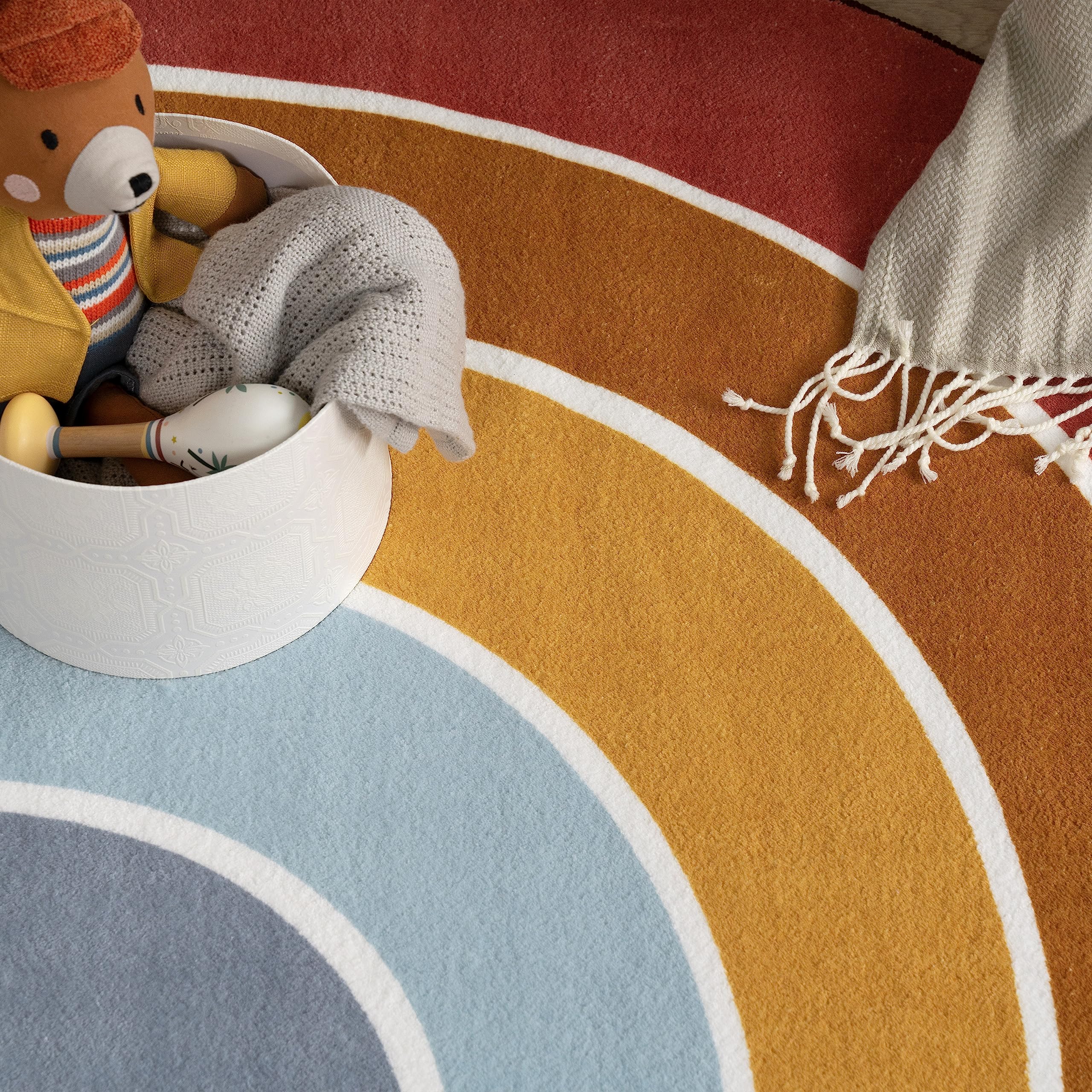 Paco Home Kinderteppich Teppich Kinderzimmer Rund Spielmatte Babymatte Waschbar Bis 30 Grad Sonne Regenbogen Schriftzug Motiv, Grösse:120x160 cm Regenbogen-Form, Farbe:Bunt 5