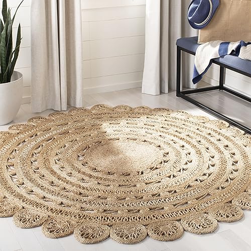 SAFAVIEH Natural Fiber Round Collection NF805B - Alfombra redonda de yute trenzada hecha a mano con dije bohemio