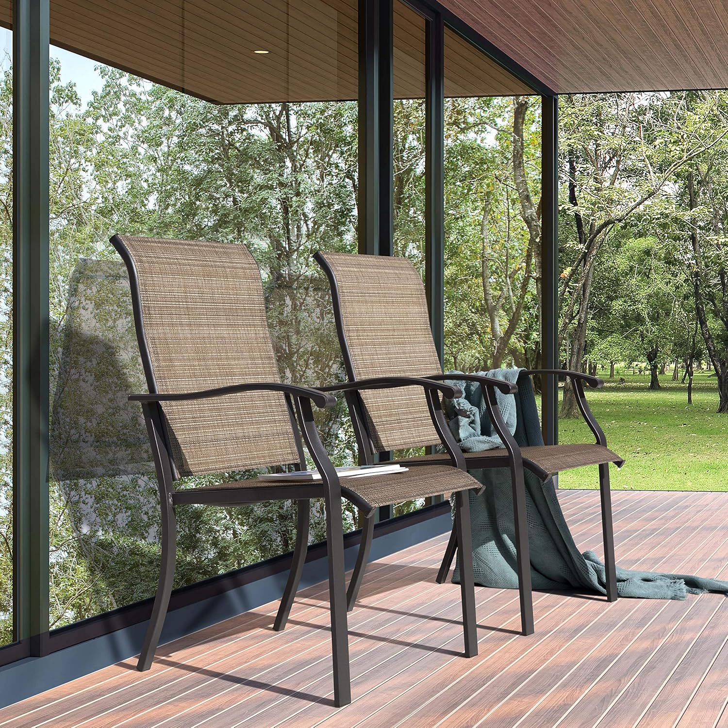NUU GARDEN 4 Piece Outdoor Patio Dining Chairs, Textilene Dining Chairs with High Back, Patio Furniture Chairs with Armrest, Iron Frame for Lawn Garden Backyard Deck, Black and Brown