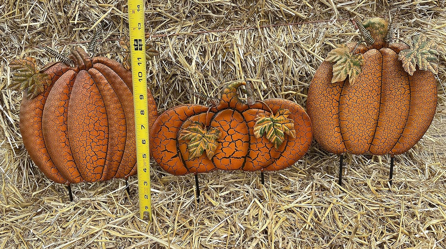 Clovers Garden Halloween Fall Outdoor Yard Decorations Pumpkin Metal Yard Signs with Stakes - Fall Thanksgiving Lawn Walkway or Planter Rustic Home Décor - Set of 3 (Style E)