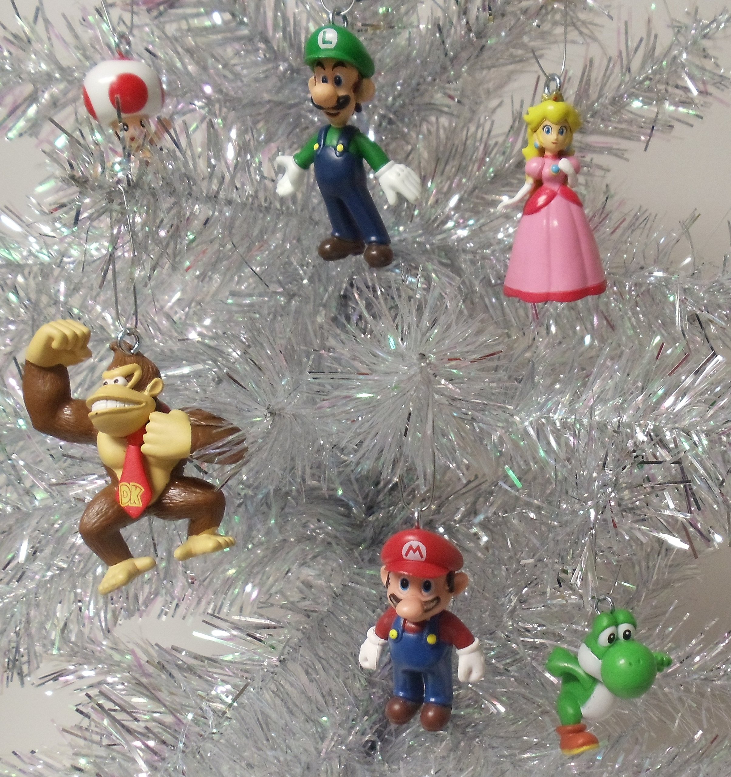 Super Mario Brothers 6 Piece Christmas Holiday Ornament Set Featuring Mario, Luigi, Donkey Kong, Yoshi, Toad and Princess Peach - Shatterproof Ornaments Range From 1.5