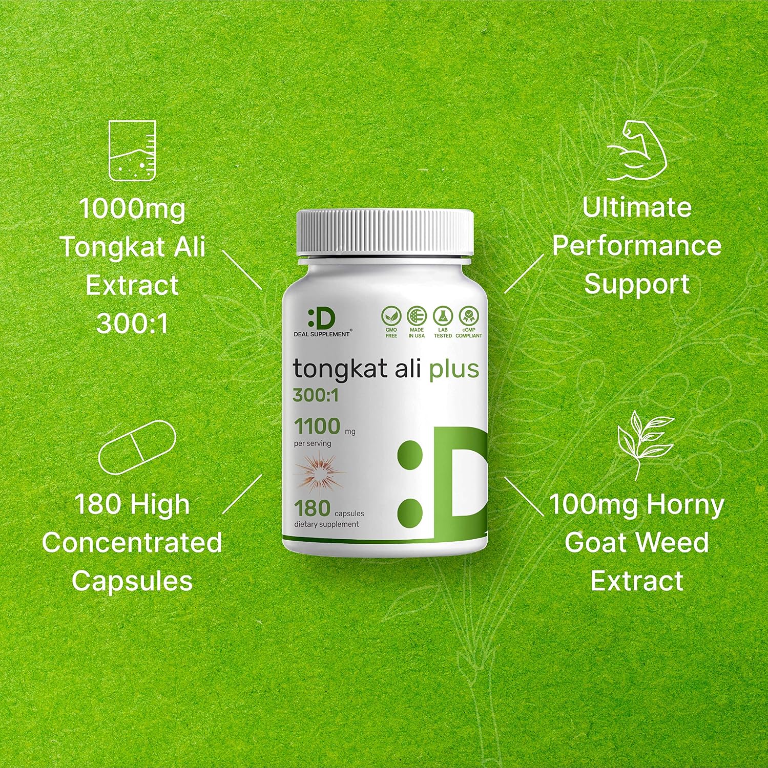 Tongkat Ali Extract 300:1 for Men, 180 Capsules, 1100mg Per Serving (with Horny Goat Weed) | Longjack Eurycoma Longifolia, Indonesia Origin - Extra Strength Men's Health Supplement