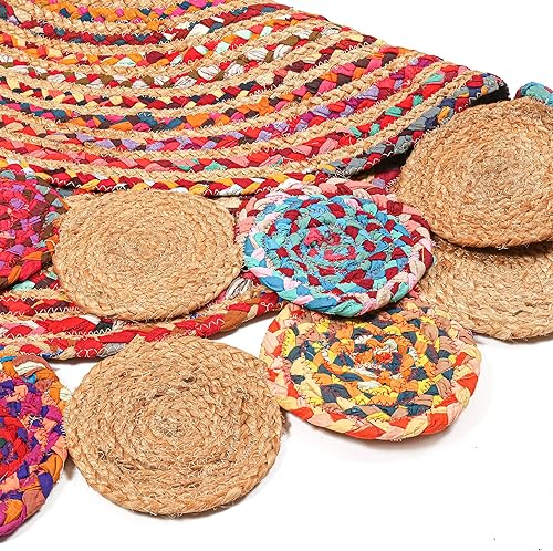 Miniatura 6 de Chindi Rug - Alfombra circular bohemia, alfombras redondas de 4 pies, alfombras trenzadas de yute Chindi, alfombra de área trenzada multicolor para