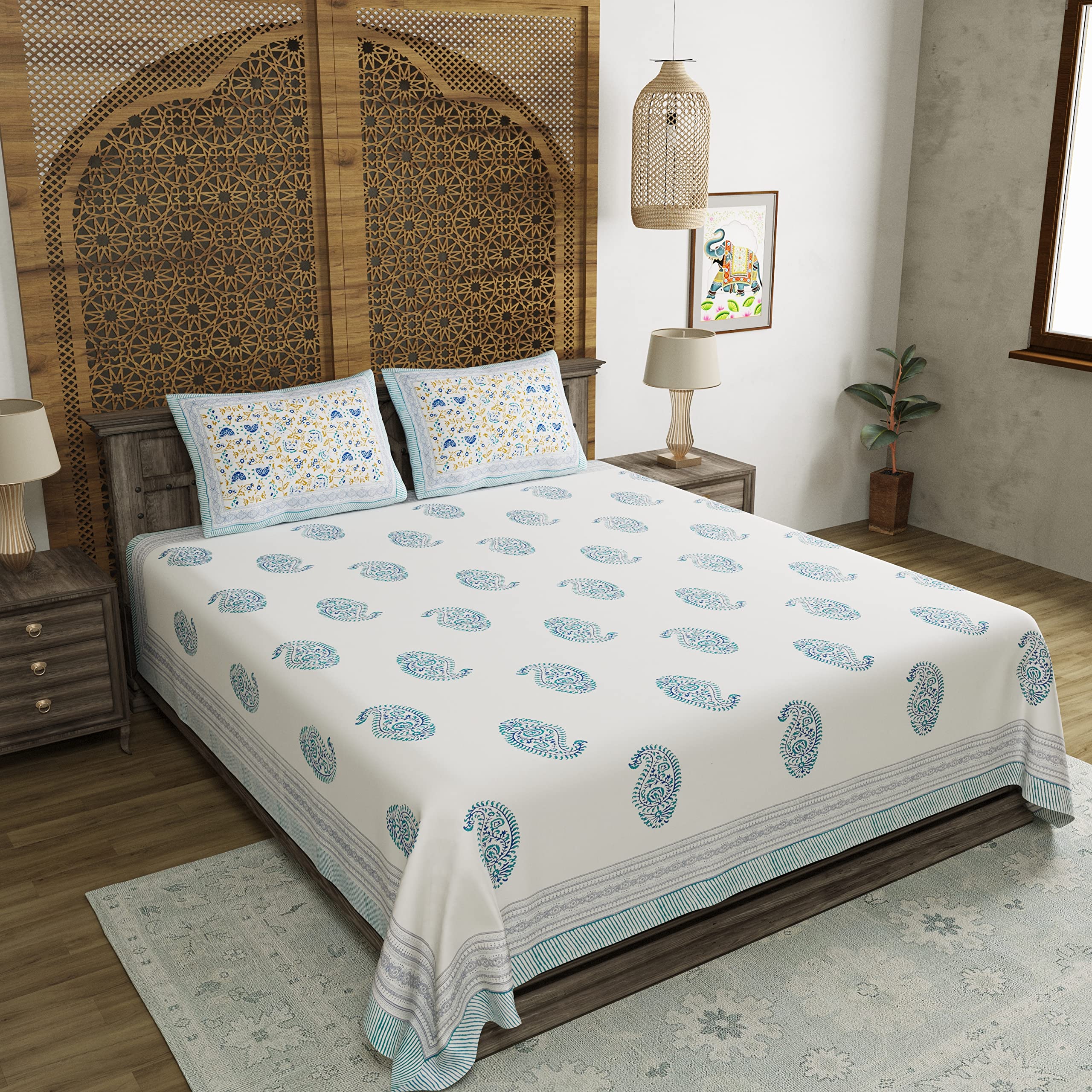 BLOCKS OF INDIA Hand Block Printed 200 TC Cotton King Size Bedsheet (Blue Paisley) 1