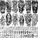 66 Sheets Black Eagle Dragon Halloween Temporary Tattoos For Men Women Thigh, Scary Tiger Lion Devil Skull Fake Tattoos For Adults, 3D Wolf Large Half Arm Sleeve Realistic Tattoo Forearm Vampire Demon