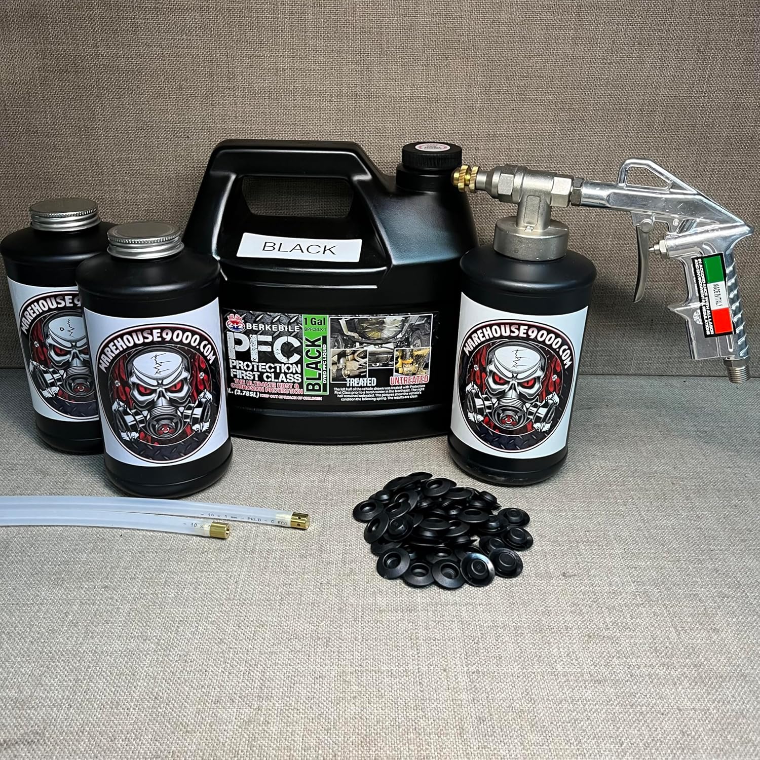 Gallon PFC Black, Pro Undercoating Spray Gun, 2 Wands, 3 Black Quart Bottles, and 50 Rust Plugs
