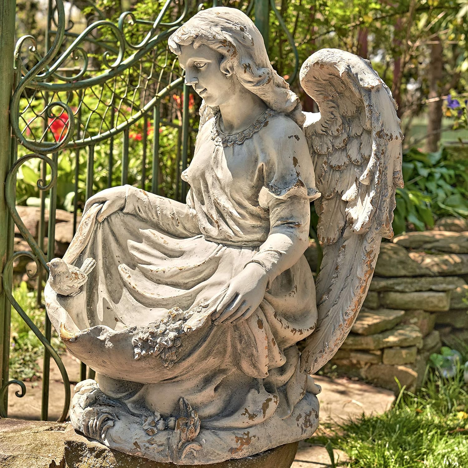 Zaer Ltd. Large Magnesium Angel Statues (Outdoor Safe) (24”T Kneeling with a Dress Birdbath Cassiel)