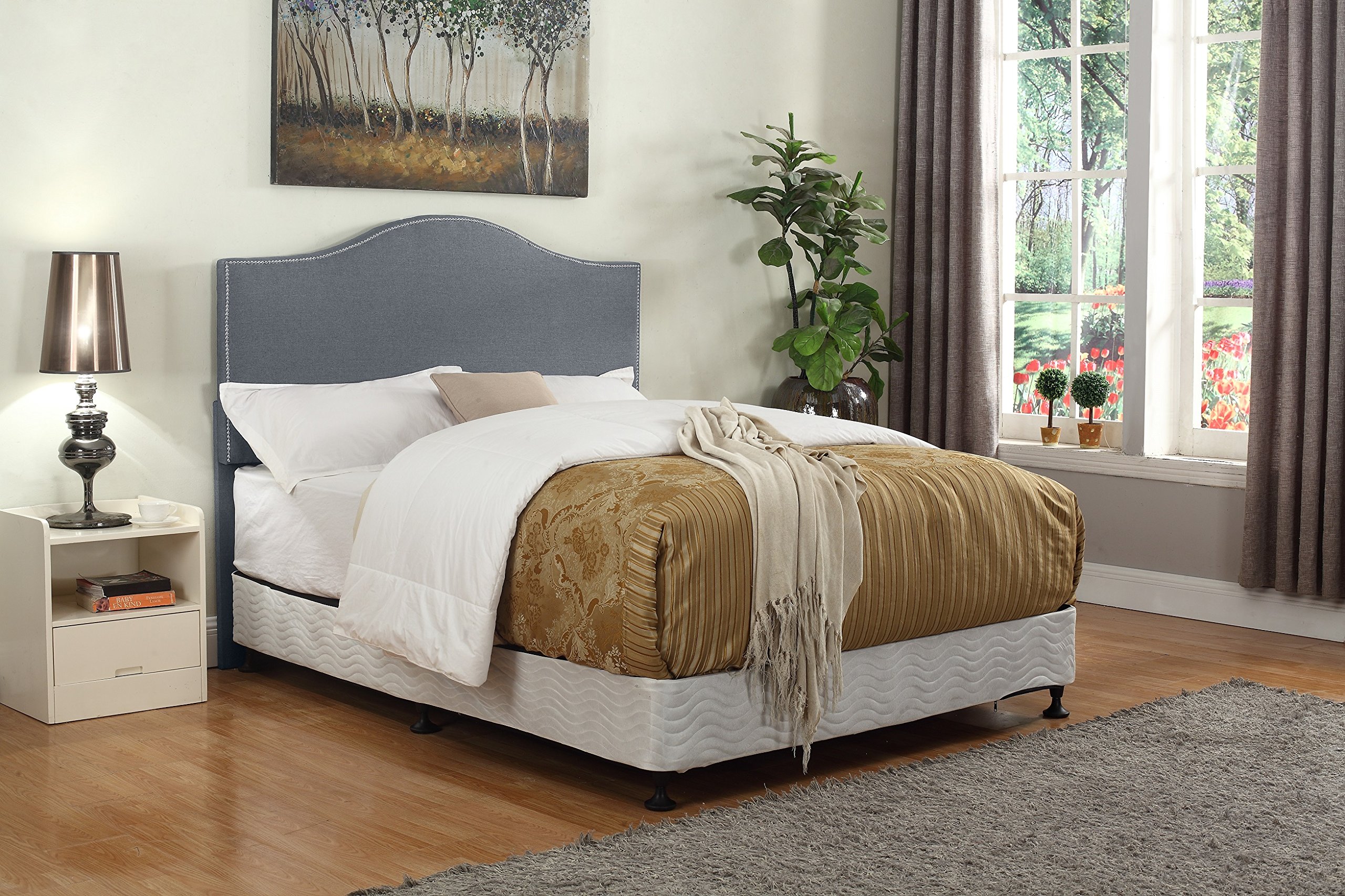 Container Furniture Direct Taylor Collection Modern Linen Fabric Upholstered Bedroom Headboard with Nailhead Trim, Grey