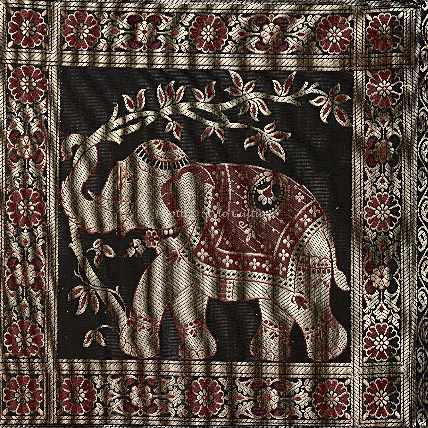 Brocade Jacquard Dining Table Runner Black Rectangular Bohemian Indian Home Decor Elephant Floral Ethnic Coffee Table Cloth | 60x16 Inches (152 x 40 cm)