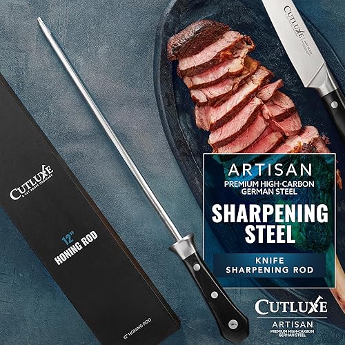 Miniatura 2 de Cutluxe Varilla de afilar, acero de afilado para cuchillos de cocina, acero de afilado de 12 pulgadas, diseño de mango ergonómico, serie artesanal