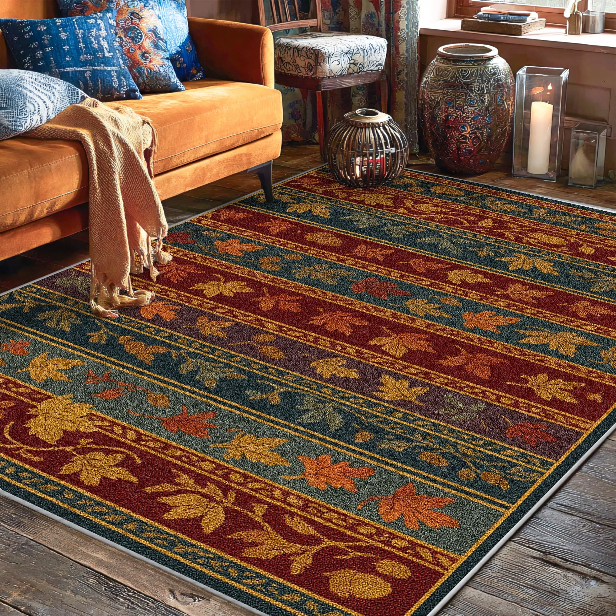 Tapis de sol à poils courts pour chambre et salon ambiance automnale chaleureuse