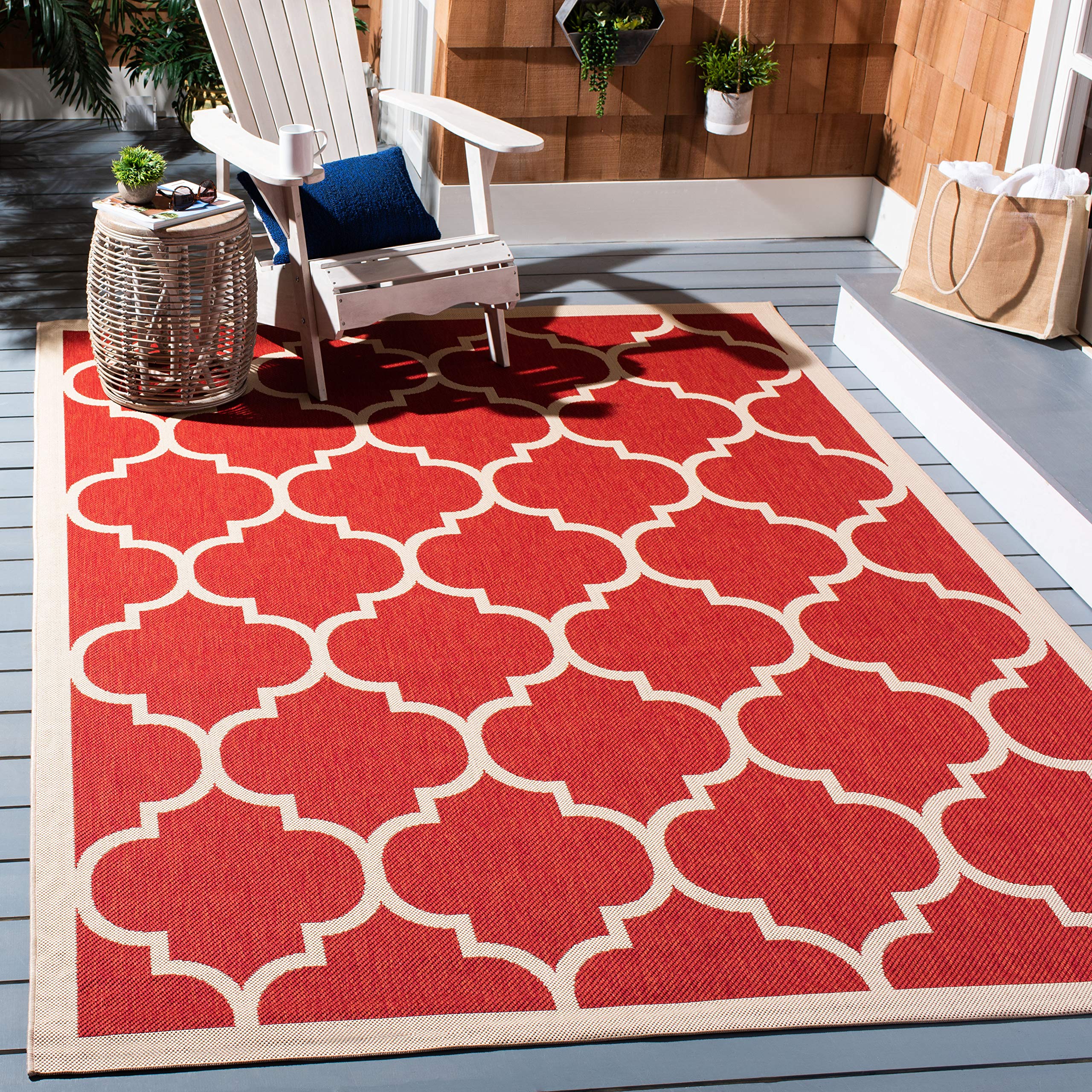 SAFAVIEH Washable Rug Outdoor Courtyard Collection - 6'7" x 9'6", Red & Bone, Non-Shedding & Easy Cleaning, Ideal for Patio, Backyard, Mudroom (CY6914