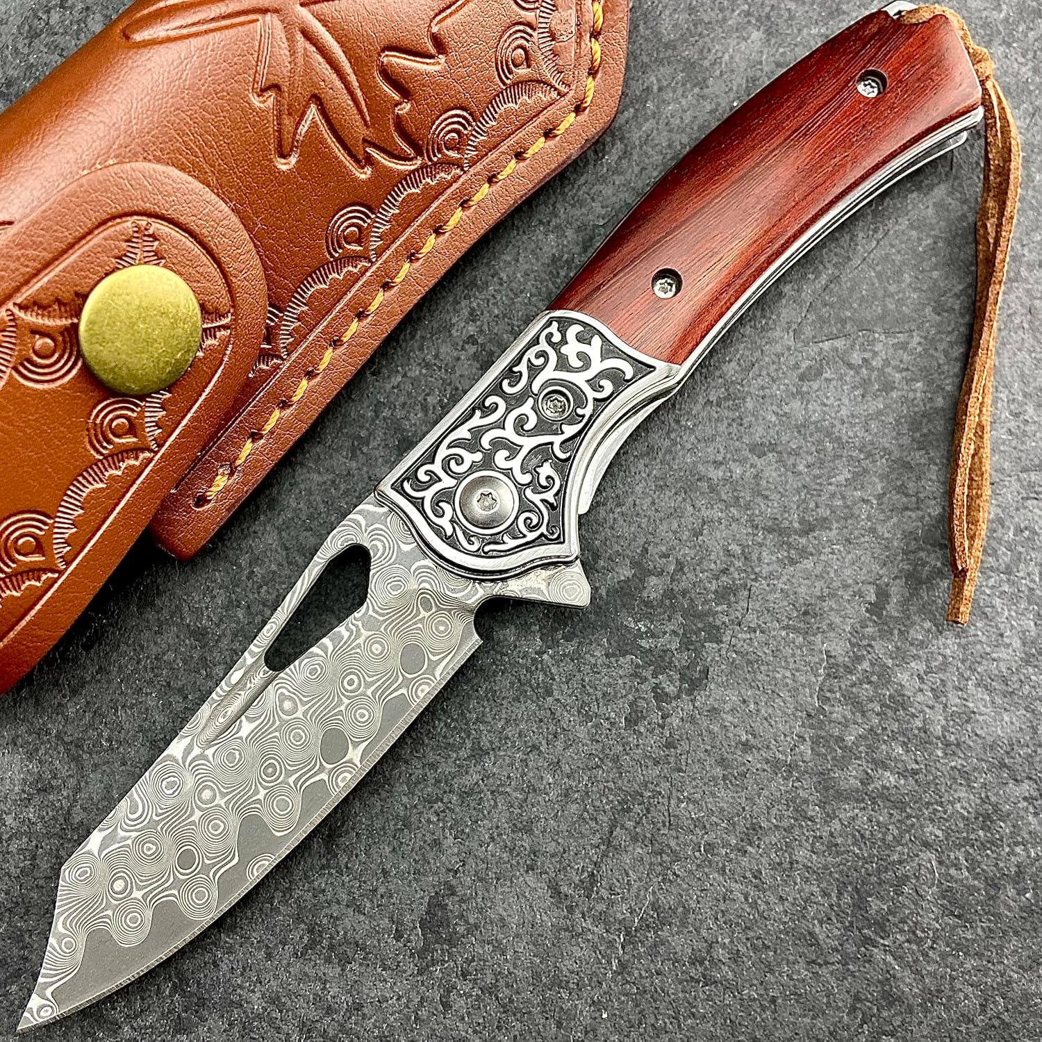 TACTICAL GEARZ Pocket Folding Knife w/Damascus Blade, Rosewood/Steel Handle, Includes Custom Stitched Leather Sheath (Keto)