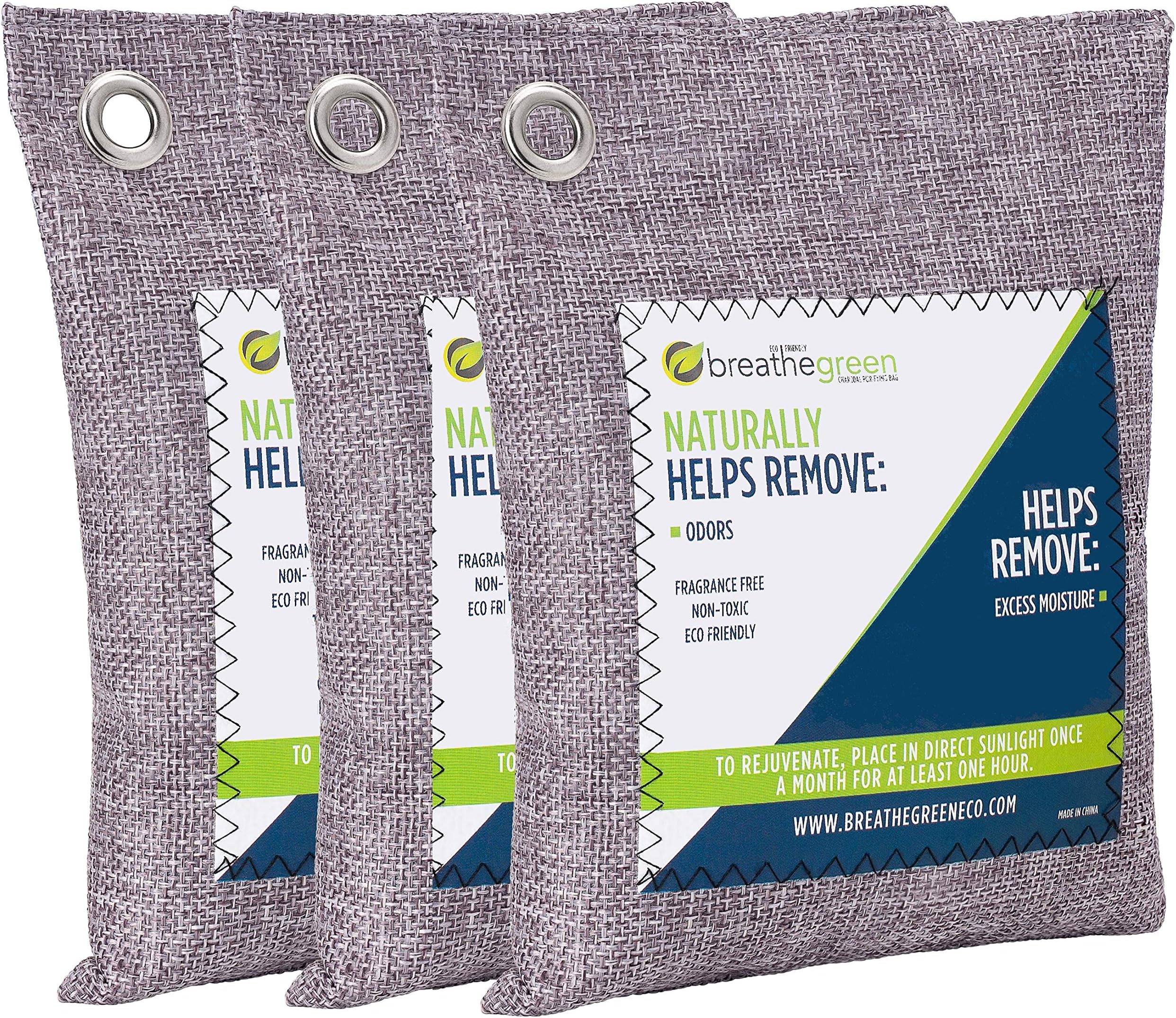 Breathe Green Bamboo Charcoal Odor Eliminator Bag (3 Bags), Activated Charcoal Odor Absorber, Natural Freshener Removes Odors and Moisture, Odor Eliminator for Home, Pets, Car, Closet, Basement, RV