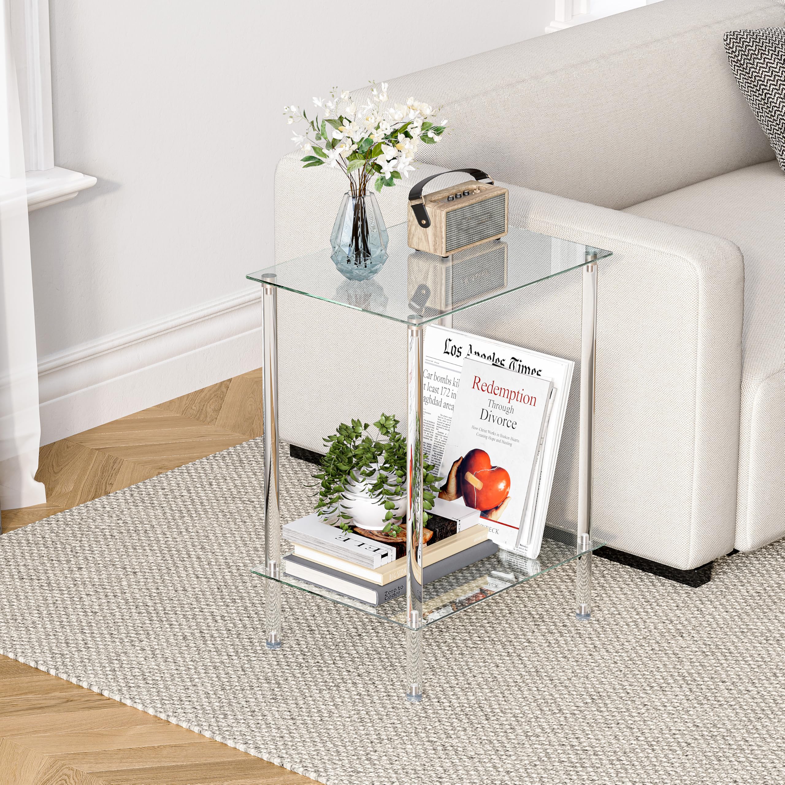 Table d'appoint en Verre Bout de Canape Transparente Petite Table Basse à 2 Niveaux Bouts de Canapé de Salon Tendance Convient pour Les Salons Les Chambres à Coucher et Les Bureaux LET518TR