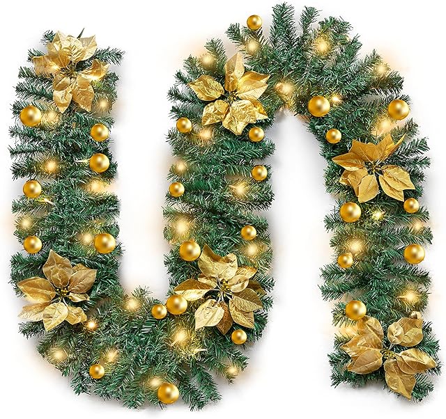 9FT Christmas Garland with Lighting Decoration, 2.7M Wreath Garlands Decorations with Lights, Flower and Ball for Fireplace Stairs Wall Door Xmas Tree Garden Yard Holiday Decor, Gold
