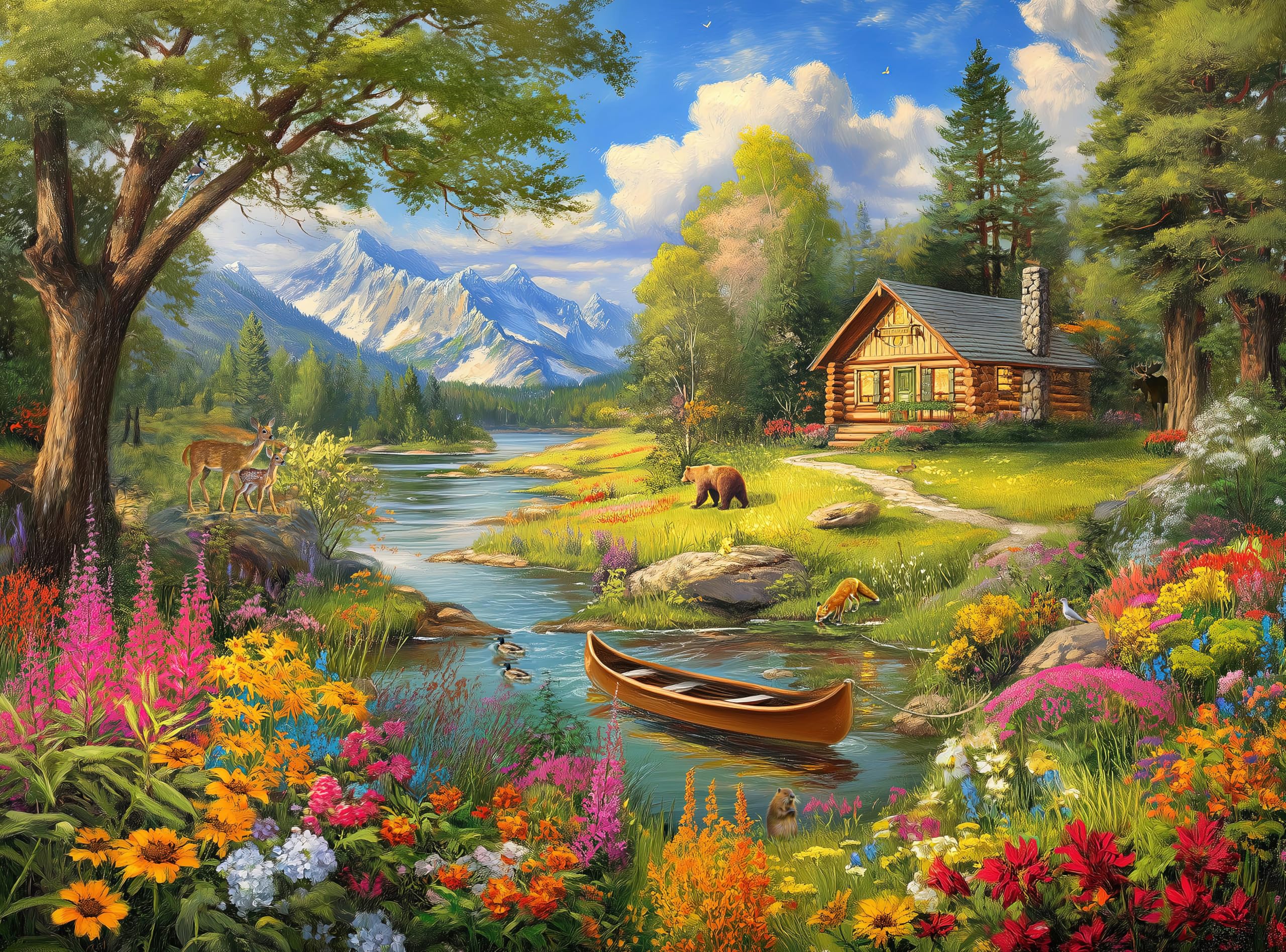 Adult Jigsaw Puzzle Log Cabin Mountain Lake