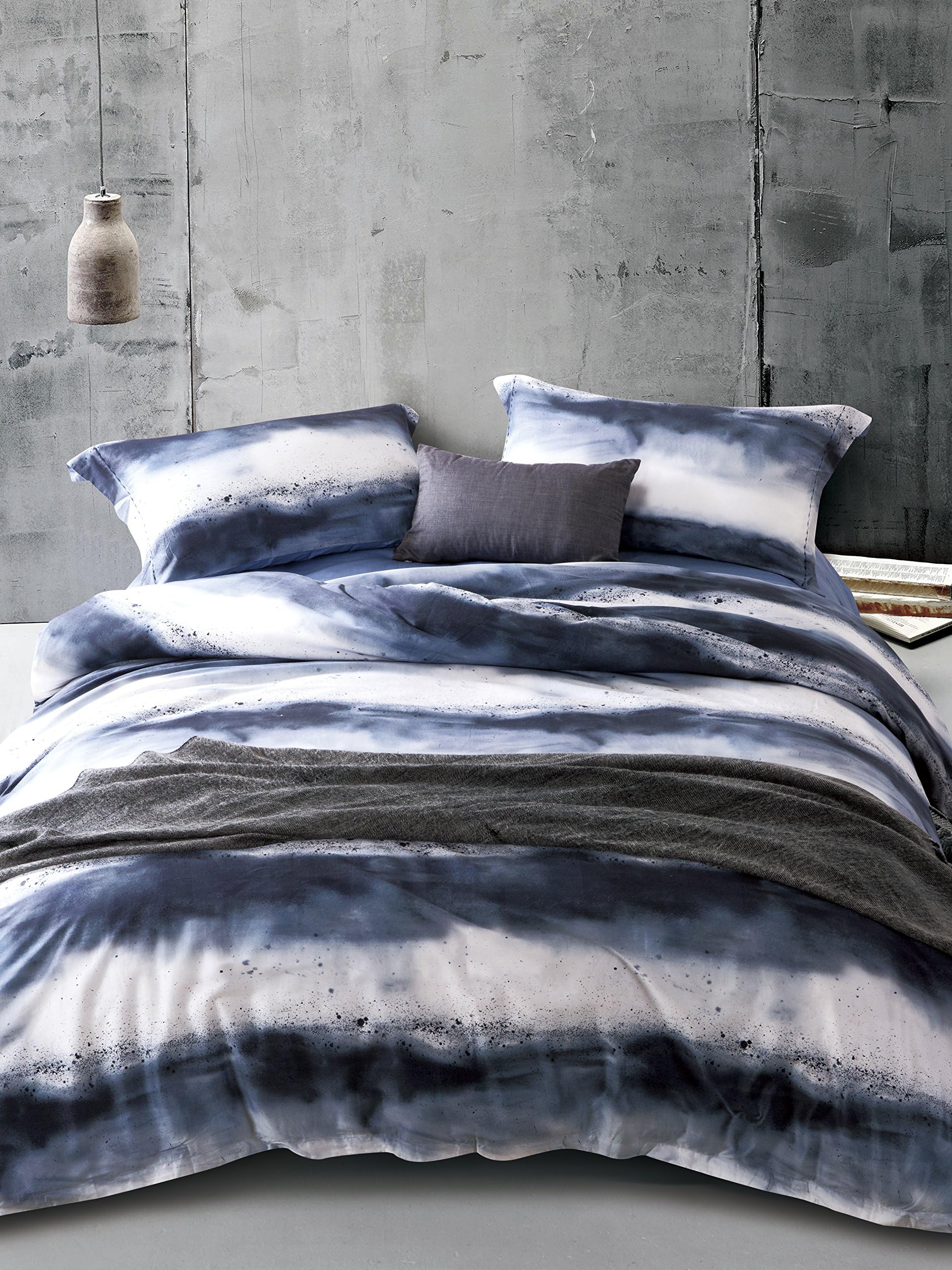 MILDLY Duvet Cover Queen Size, 100% Long-Staple Cotton Blue Watercolor Comforter Cover Set Modern Ultra Soft Comforter Cover Set 3pcs