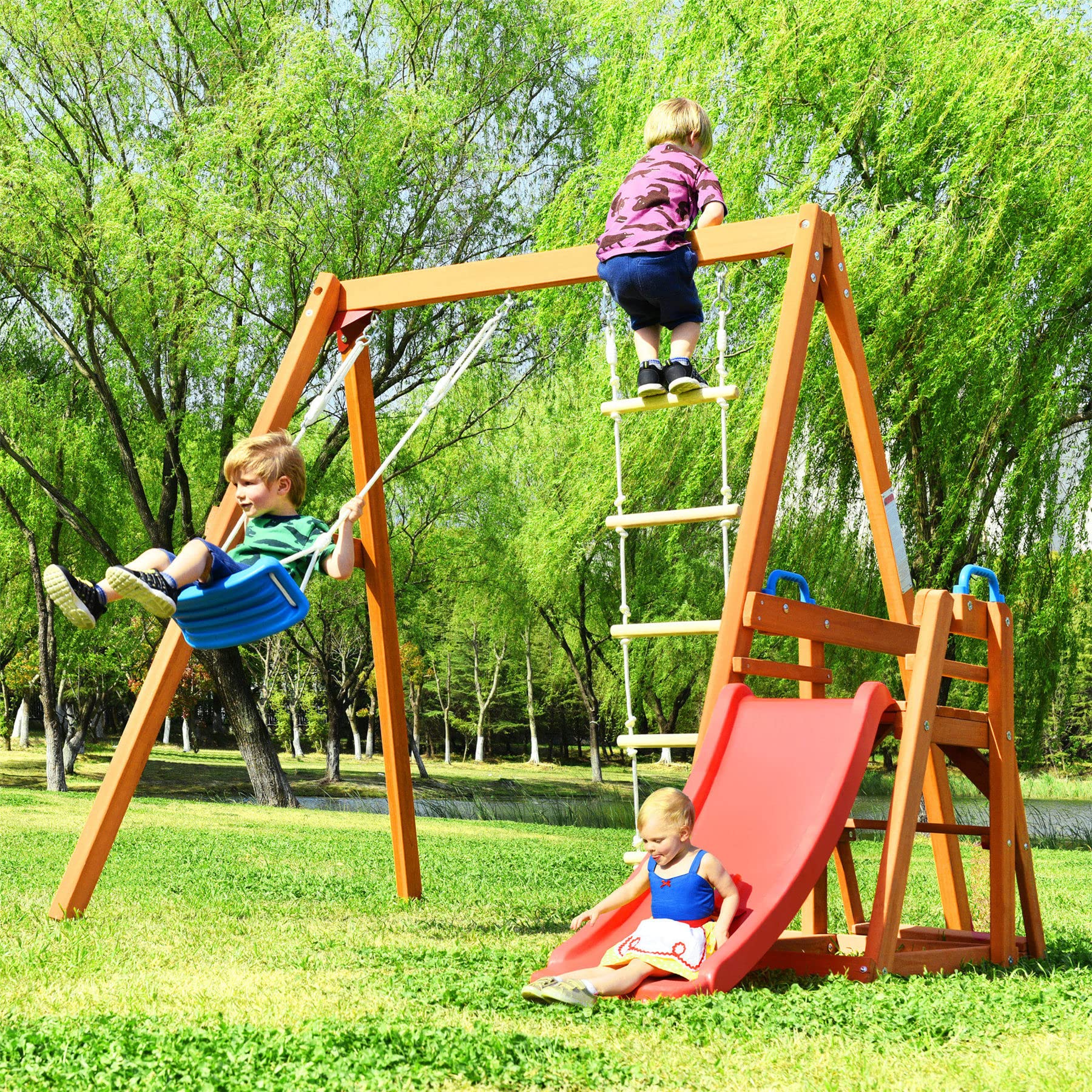 Outdoor Swing ROBOTIME Wooden Swing Set All-in-One Backyard
