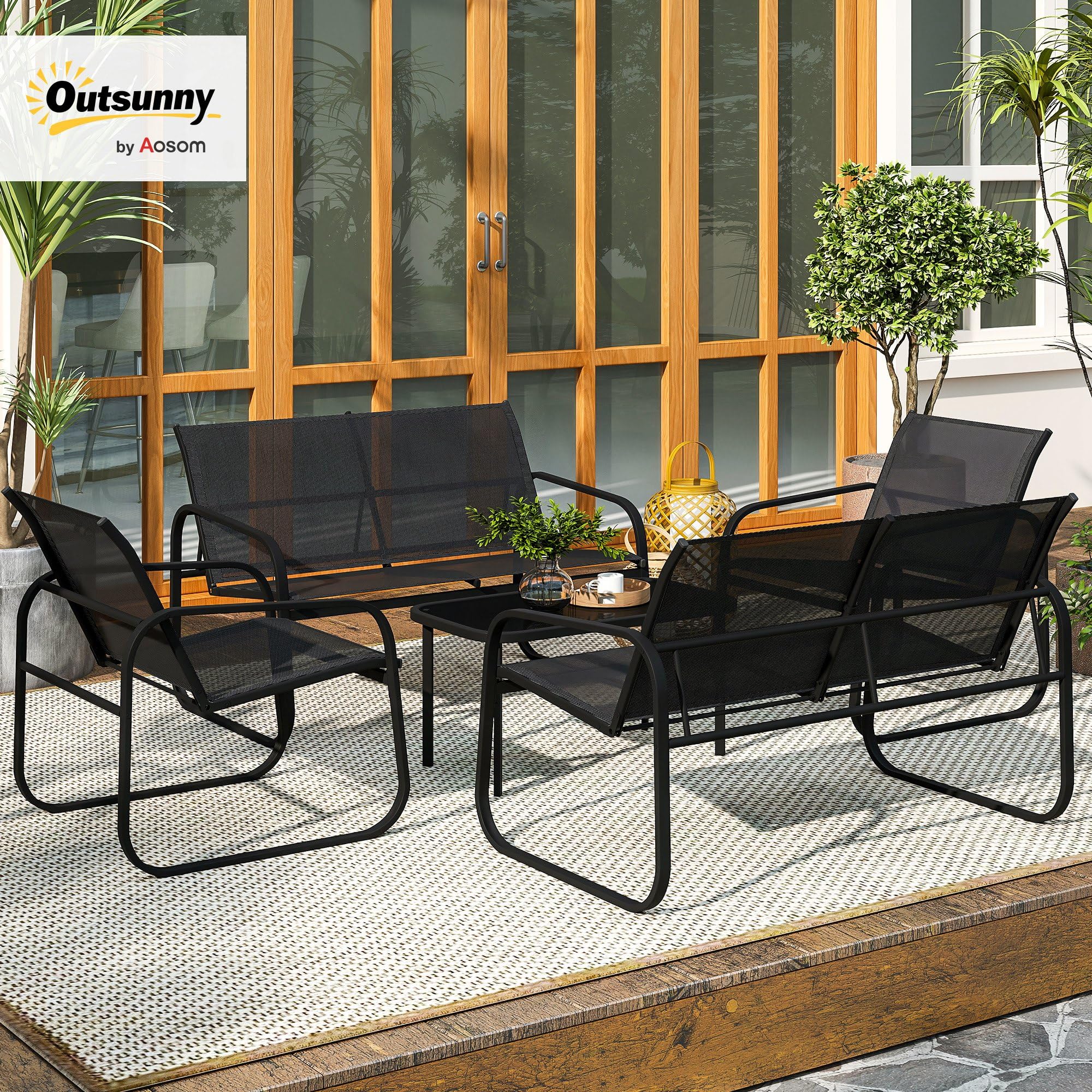 Outsunny 5-częściowy zestaw salonowy ogrodowy z 2 sofami, 2 fotelami i stolikiem kawowym, stal, Textilene, czarny