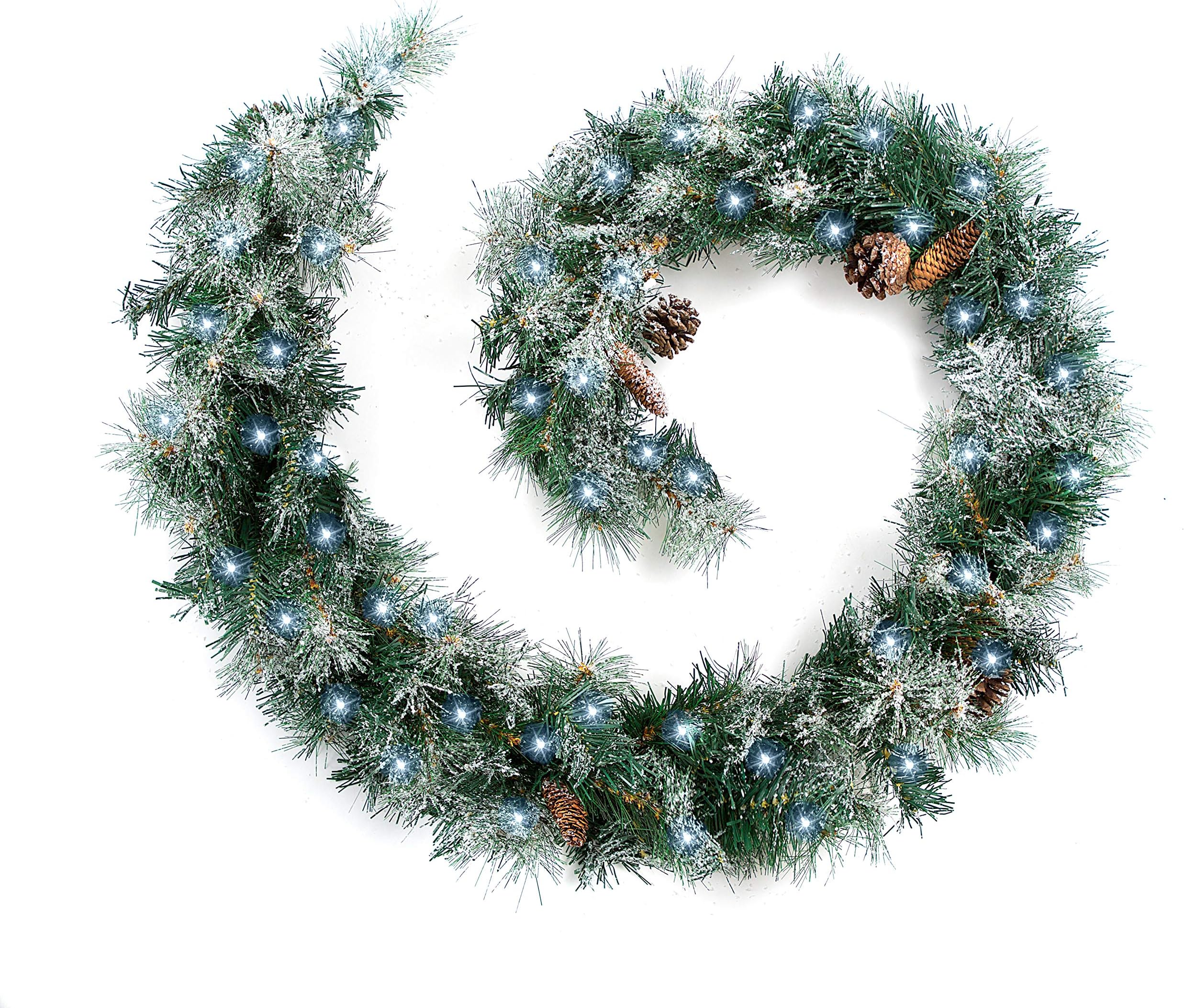 Best Artificial Frosted Colorado Pine Christmas Garland with Pine Cones Indoor Xmas with Bright White LED Battery Lights (6ft / 180cm)