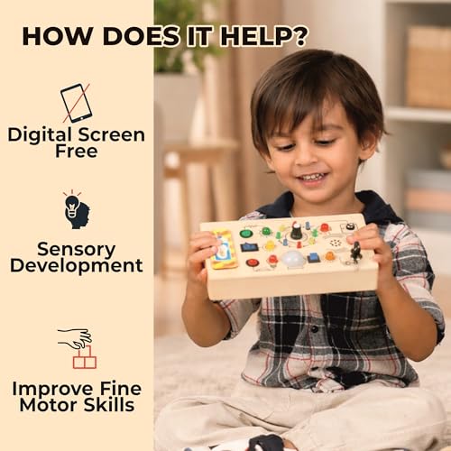 Image of Light Lab Wooden Montessori Busy Board with Lights & Switches | Sensory Learning Toy with Number Sounds | Educational Wooden Toy for Toddlers 1-3 Years | Interactive Sound & Button Activity