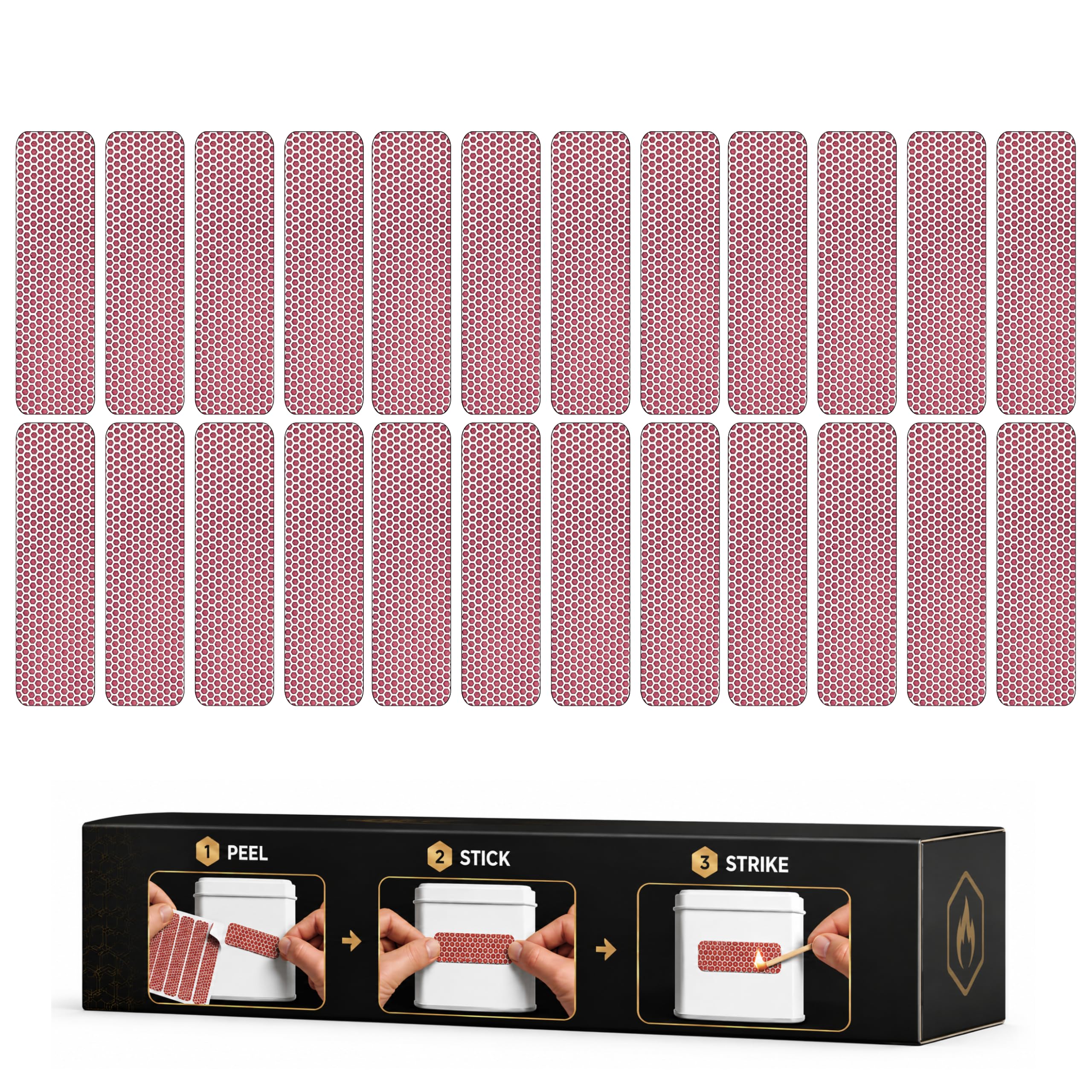 24 Count Sheet of Color Adhesive Match Striker Strip Stickers (2" x 1/2") | Replacement Stryker Stricker for Safety Matches | Peel &amp; Stick Flint Lighter Pad for Craft Wooden Mach Book
