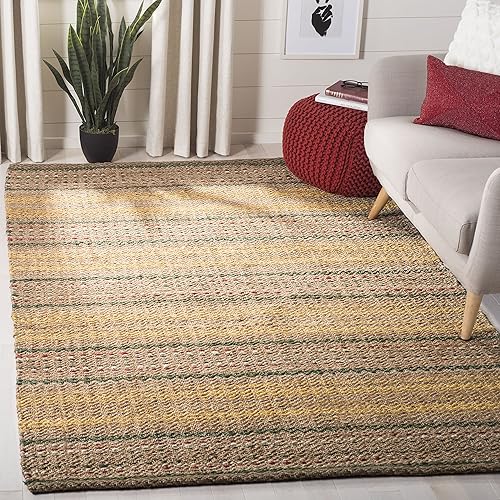 Safavieh Natural Fiber Collection NF202B - Alfombra de área de yute prémium hecha a mano con rayas doradas de 8 x 10 pies