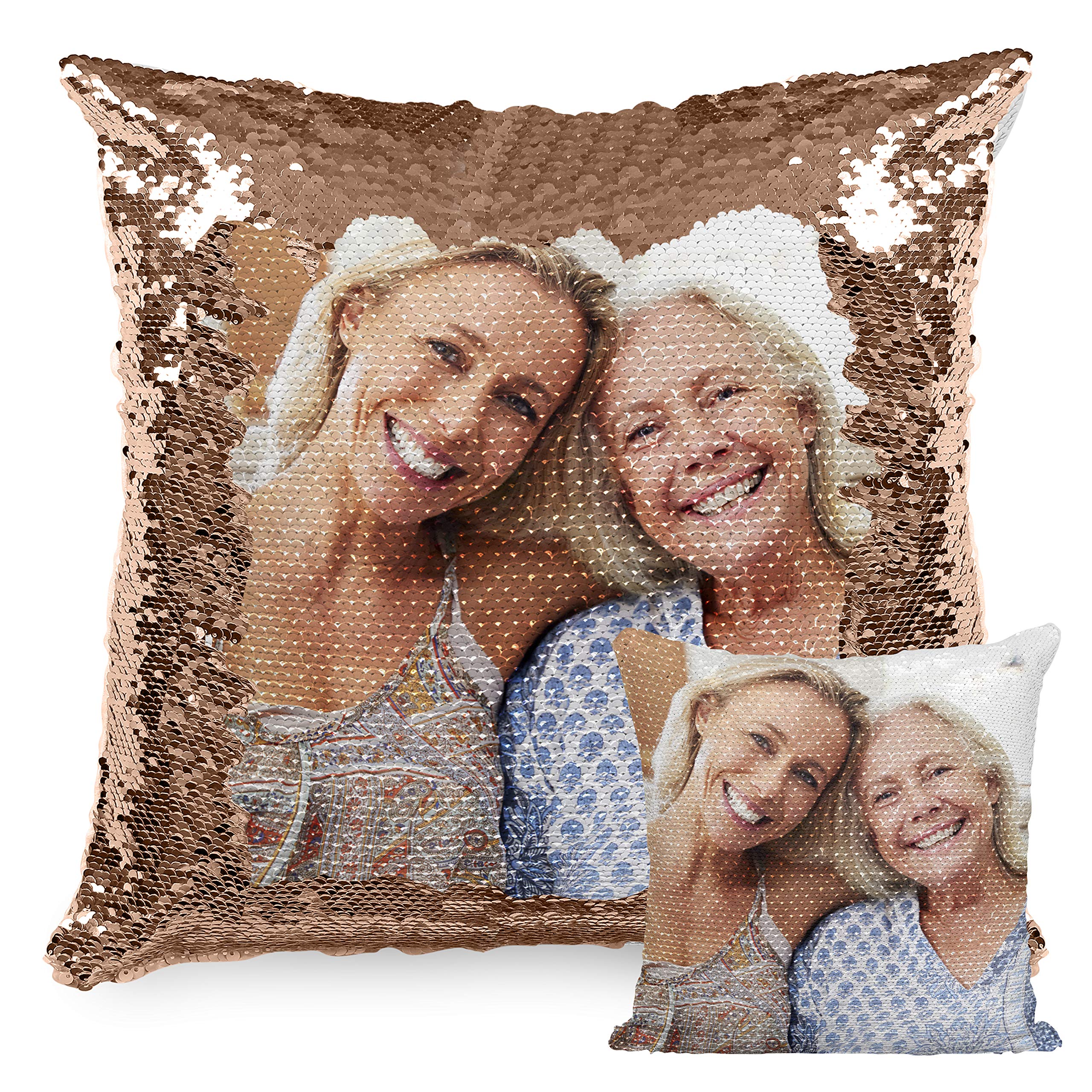 Photo Sequin Pillow Case - Magic Reversible Throw Pillowcases, Rose Gold - Custom Sequin Pillow Cover for Couch with Any Picture - Decorative Cushion Pillow Case