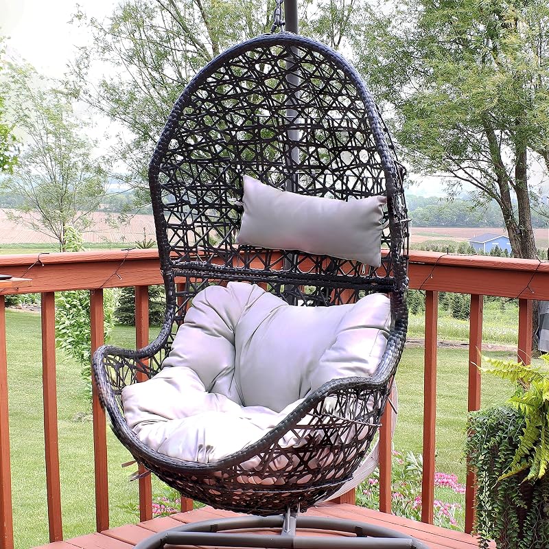 Sunnydaze Cordelia Egg Chair with Cushions -Resin Wicker Hanging Chair with 265-Pound Weight Capacity - Hanging Swing Includes Gray Polyester Cushion and Headrest image 4