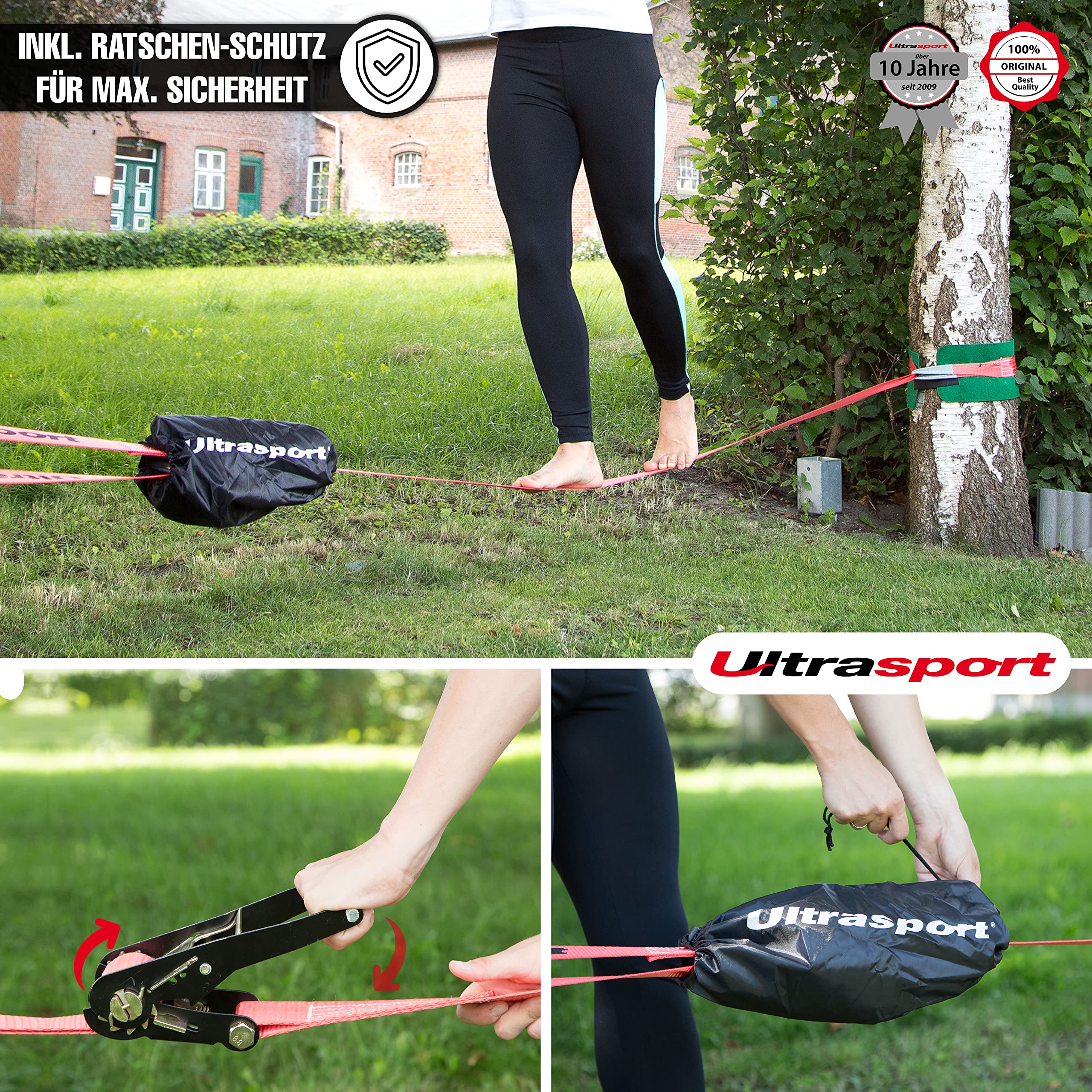 Ultrasport Slackline 15m-25m, mit Ratsche und Transporttasch, komplette Slackline-Satz, erhältlich mit und ohne Baumschutz, Slackline-Satz, Fitness-Slackline, TÜV GS zertifiziert, Kinder und Erwachse