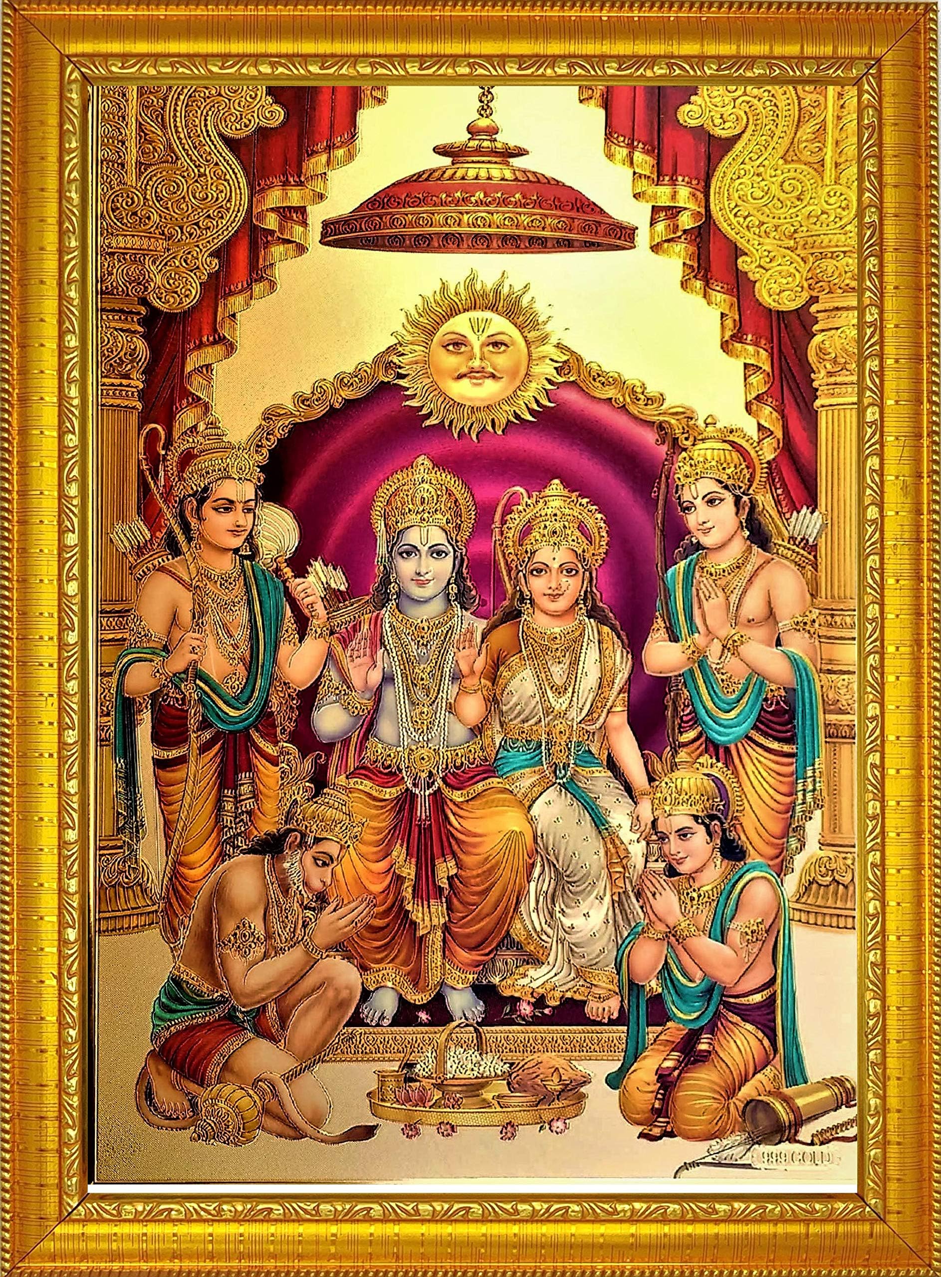 ADA Handicraft Premium Lord Shree Ram Darbar Hindu Lord Goddess God Religious Framed Painting for Wall and Pooja/Hindu Bhagwan Devi Devta Photo Frame/God Poster for Puja (35 * 25cm)