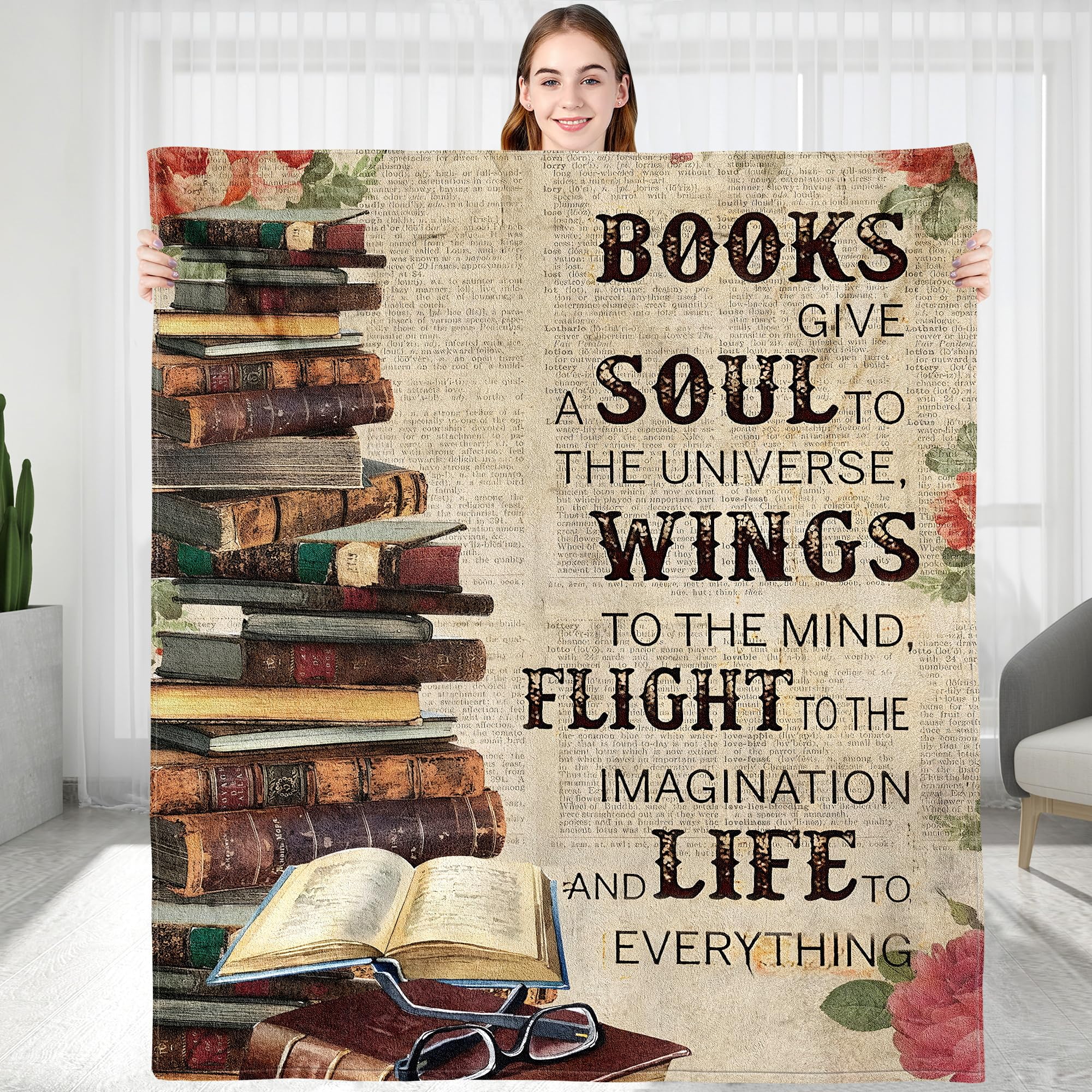 Books Give A Soul To The Universe Reading Blanket for Book Lovers, Book Reading Librarian Gifts Throw Blanket, Graduation Birthday Gift for Reading Lover Daughter Sister Bestie (50*60inches)