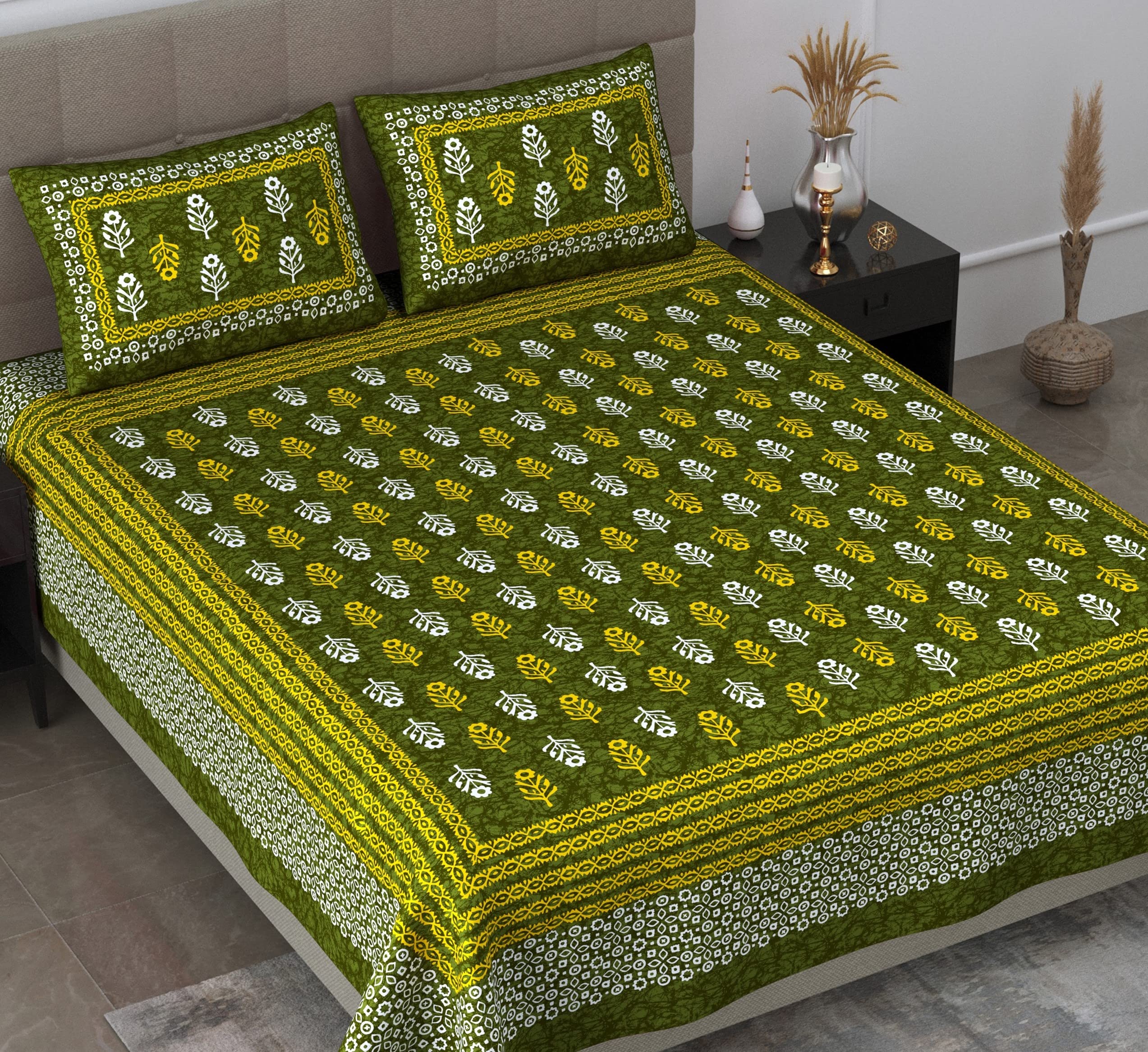 SheetKart 144 TC Jaipuri Floral Printed Cotton Double Bedsheet with 2 Pillow Covers, Mellow Green