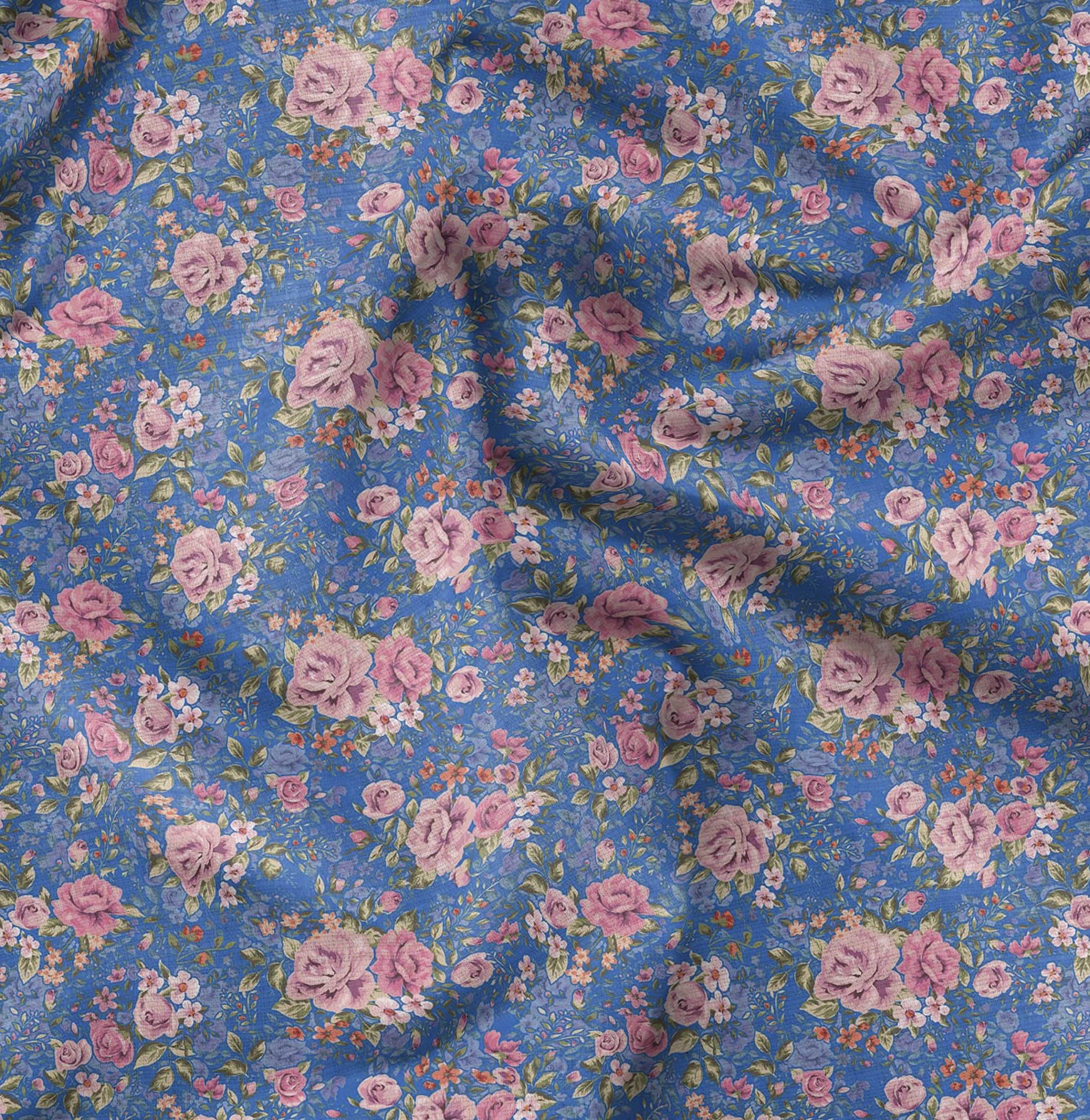 SoimoiBlue Cotton Poplin Fabric Leaves & Rose Floral Printed Fabric 1 Yard 56 Inch Wide