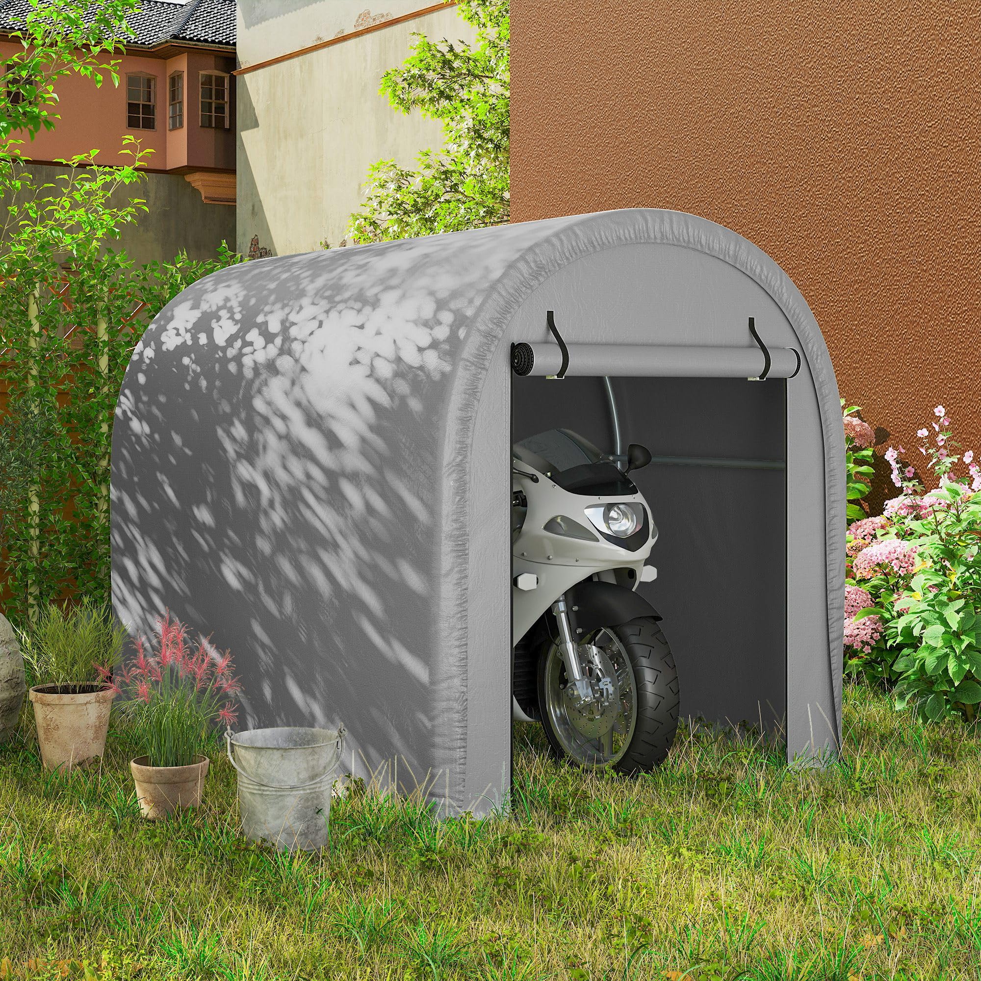 Outsunny Abri de Jardin Tente de Stockage Garage à Vélos - Acier Galvanisé & 160g/m² PE Anti-UV pour Moto et Tondeuse - Dôme Anti-Pluie Multi-Usage avec Ancrage 159x240x185cm, Gris Clair